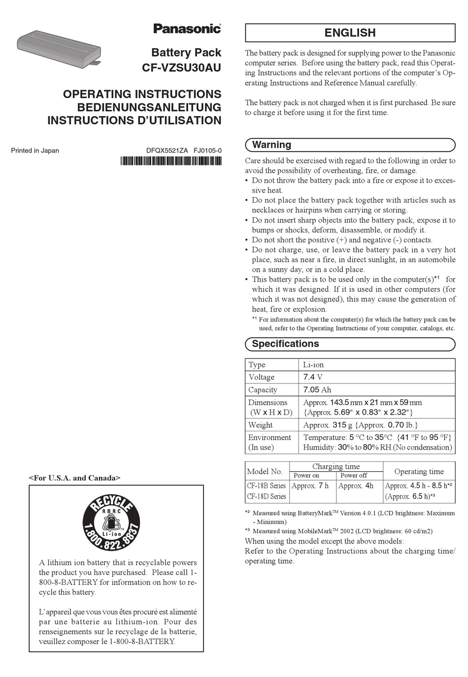 Panasonic Cf Vzsu30au Operating Instructions Pdf Download Manualslib