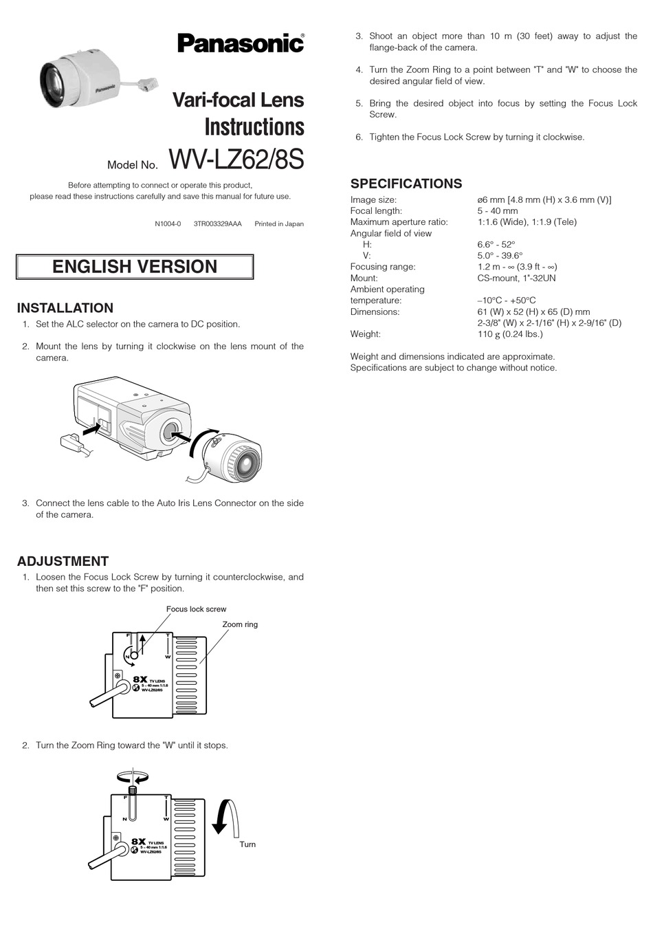 Panasonic Wv Lz62 Instructions Pdf Download Manualslib