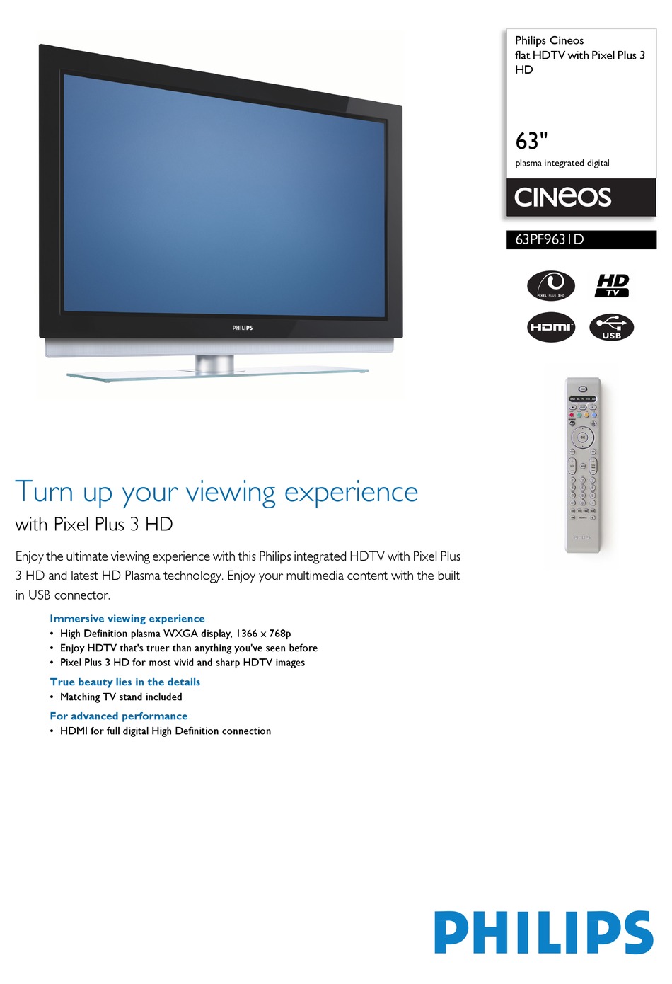 PHILIPS CINEOS 63PF9631D SPECIFICATIONS Pdf Download | ManualsLib