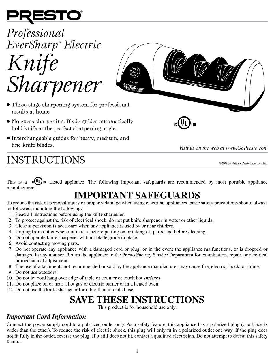Presto 08800 EverSharp Electric Knife Sharpener Instruction Manual