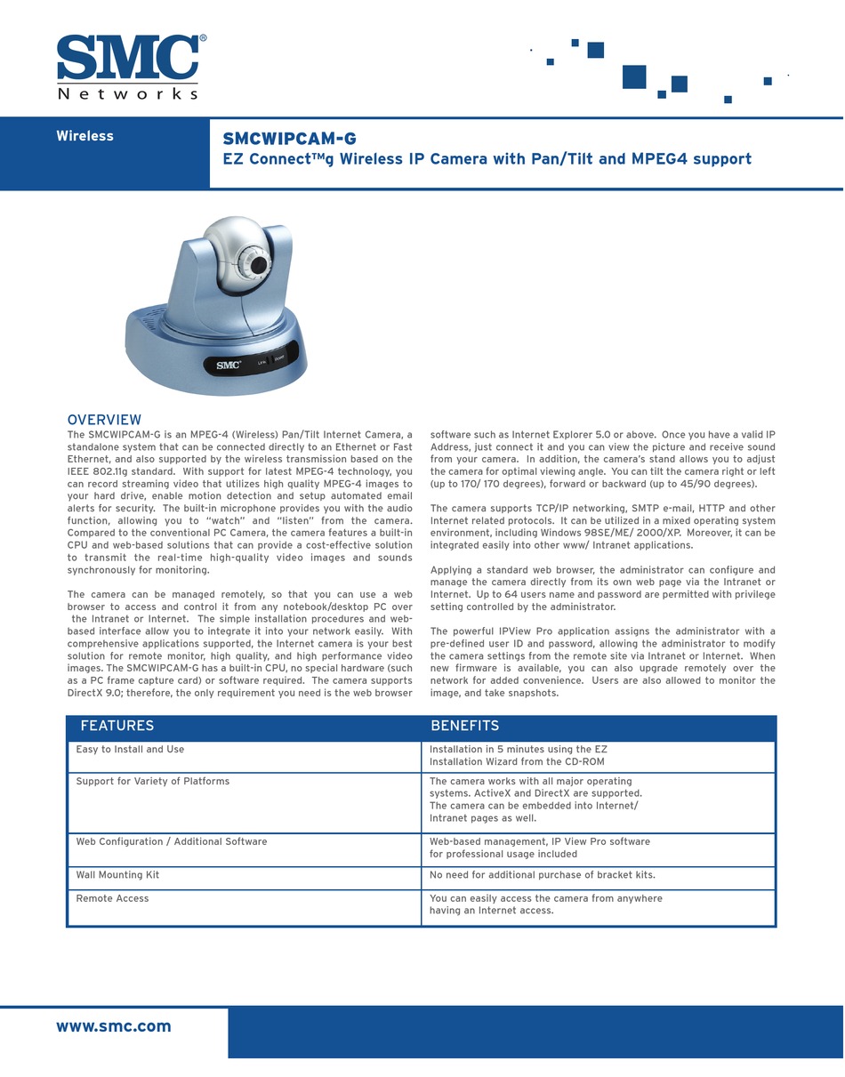 SMC NETWORKS SMCWIPCAM-G SPECIFICATIONS Pdf Download | ManualsLib