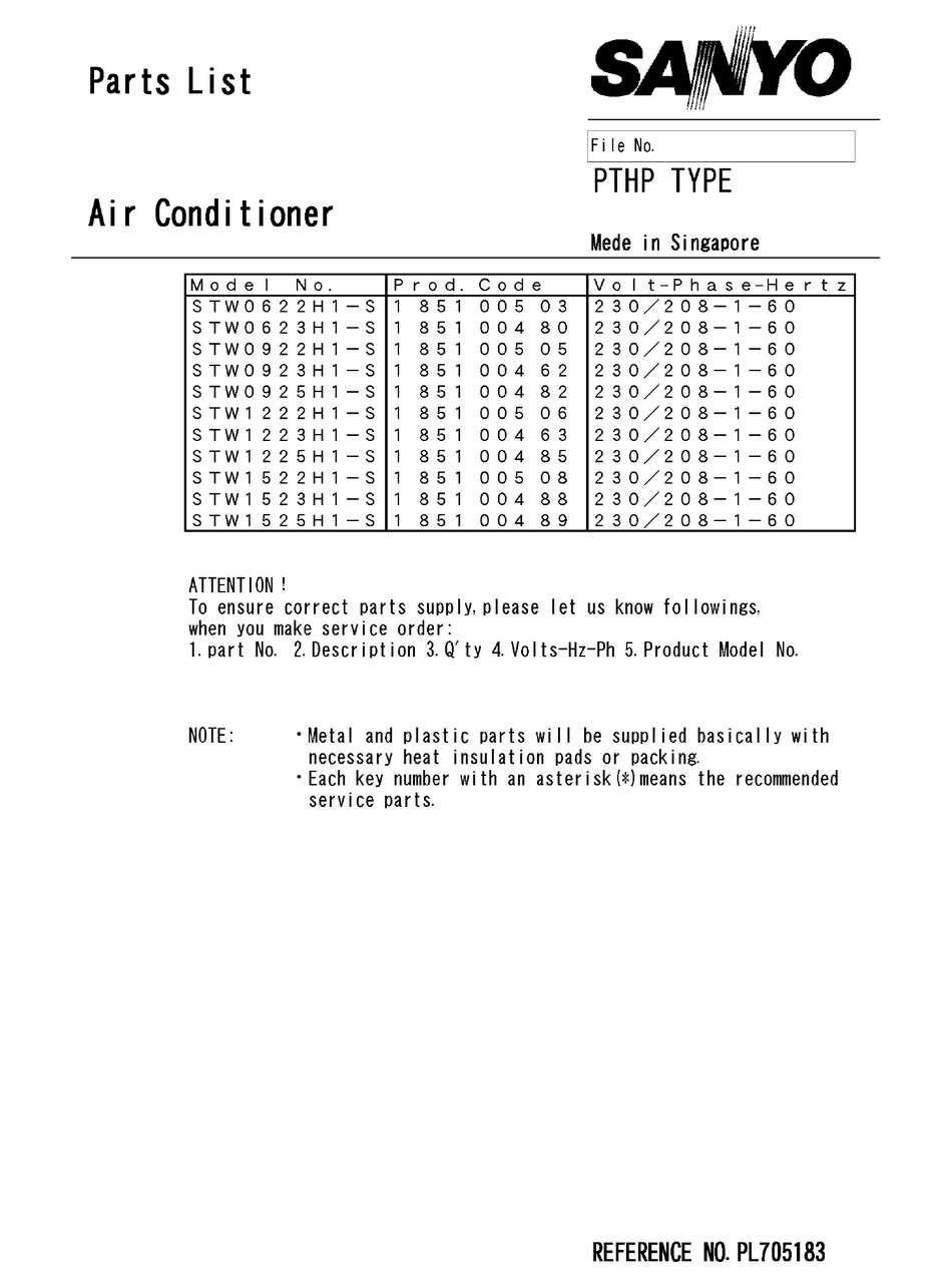 SANYO STW0622H1S PARTS LIST Pdf Download ManualsLib