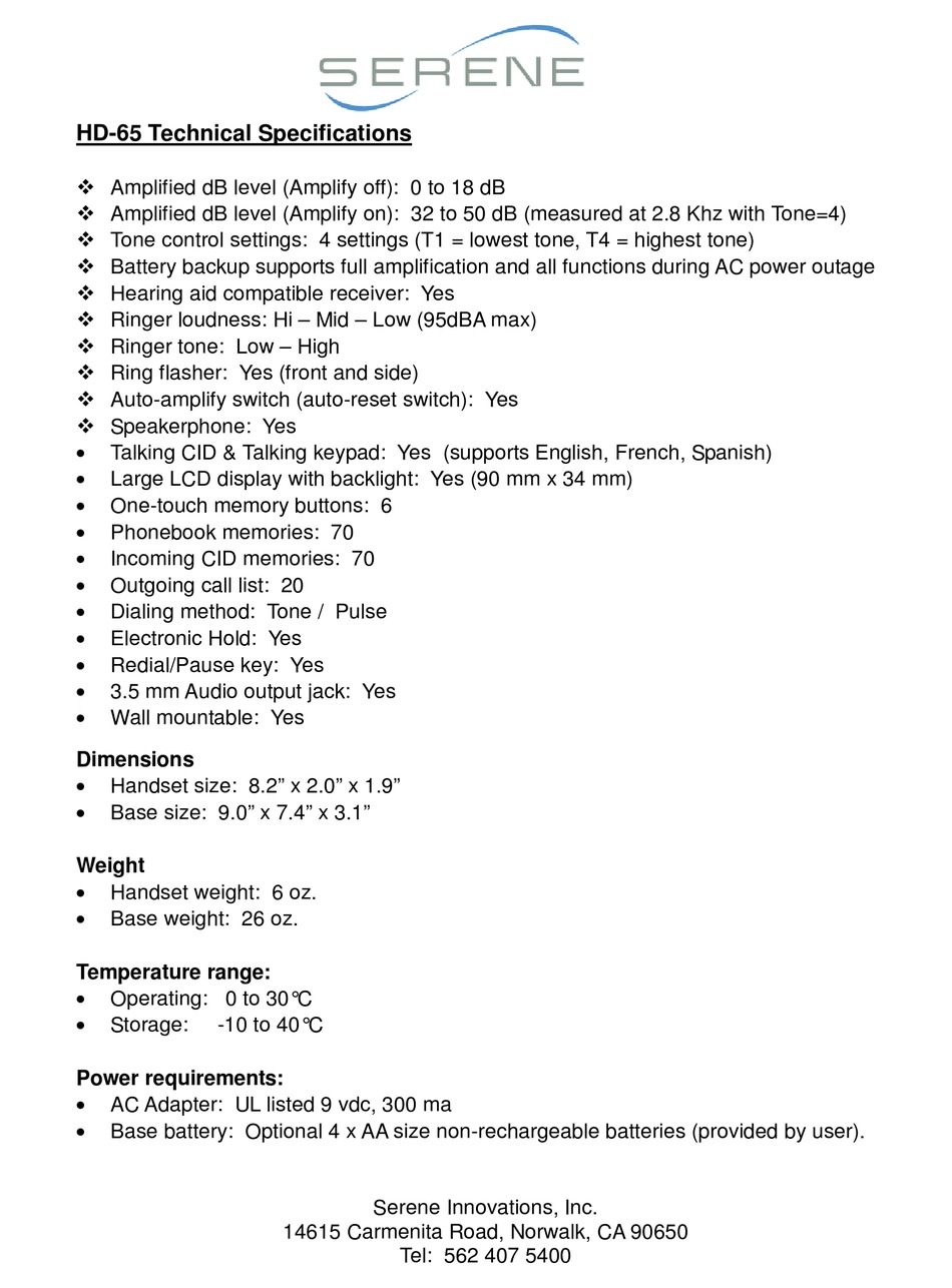 SERENE HD65 TECHNICAL SPECIFICATIONS Pdf Download ManualsLib