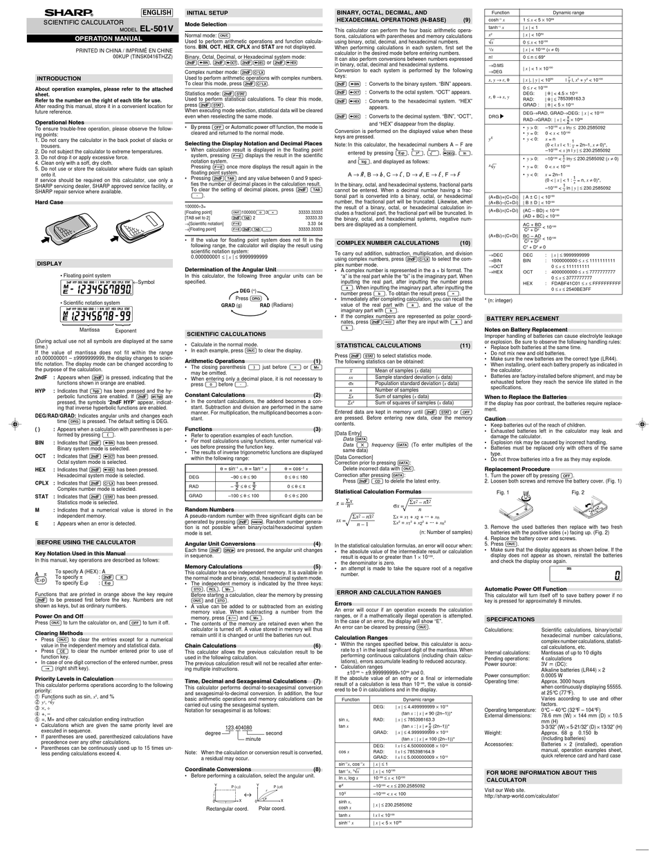 SHARP EL-501V OPERATION MANUAL Pdf Download