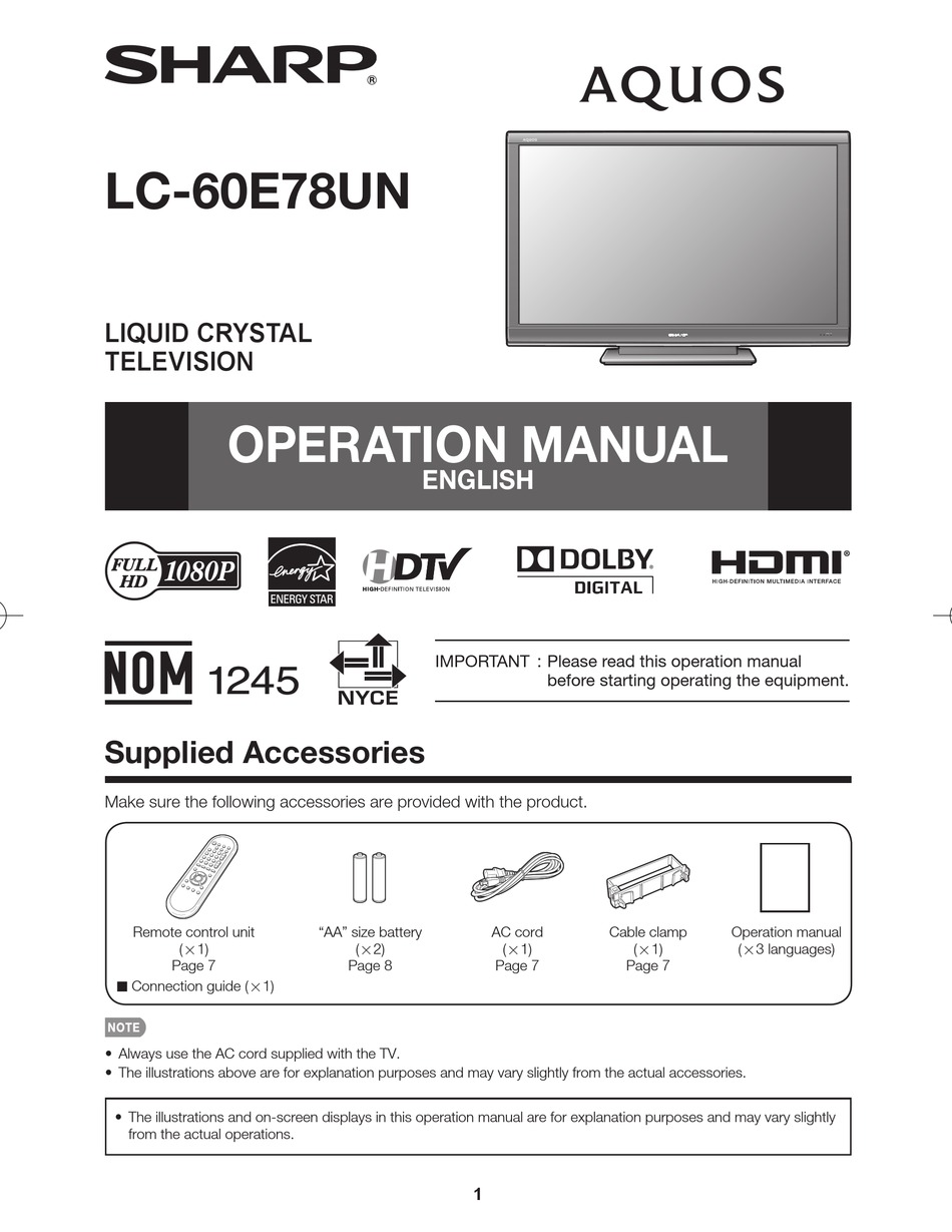 SHARP AQUOS LC60E78UN OPERATION MANUAL Pdf Download ManualsLib