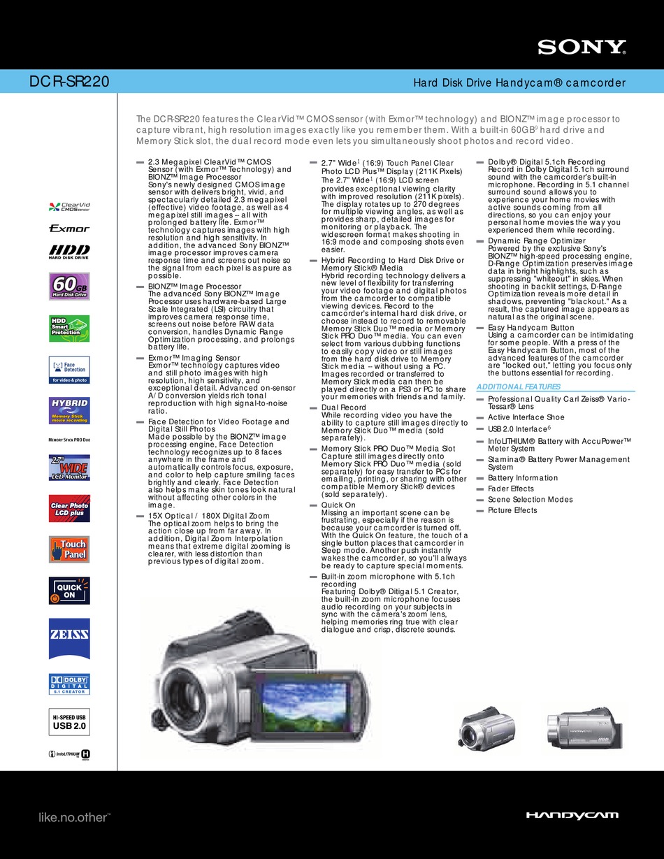 SONY HANDYCAM DCR-SR220 SPECIFICATIONS Pdf Download | ManualsLib