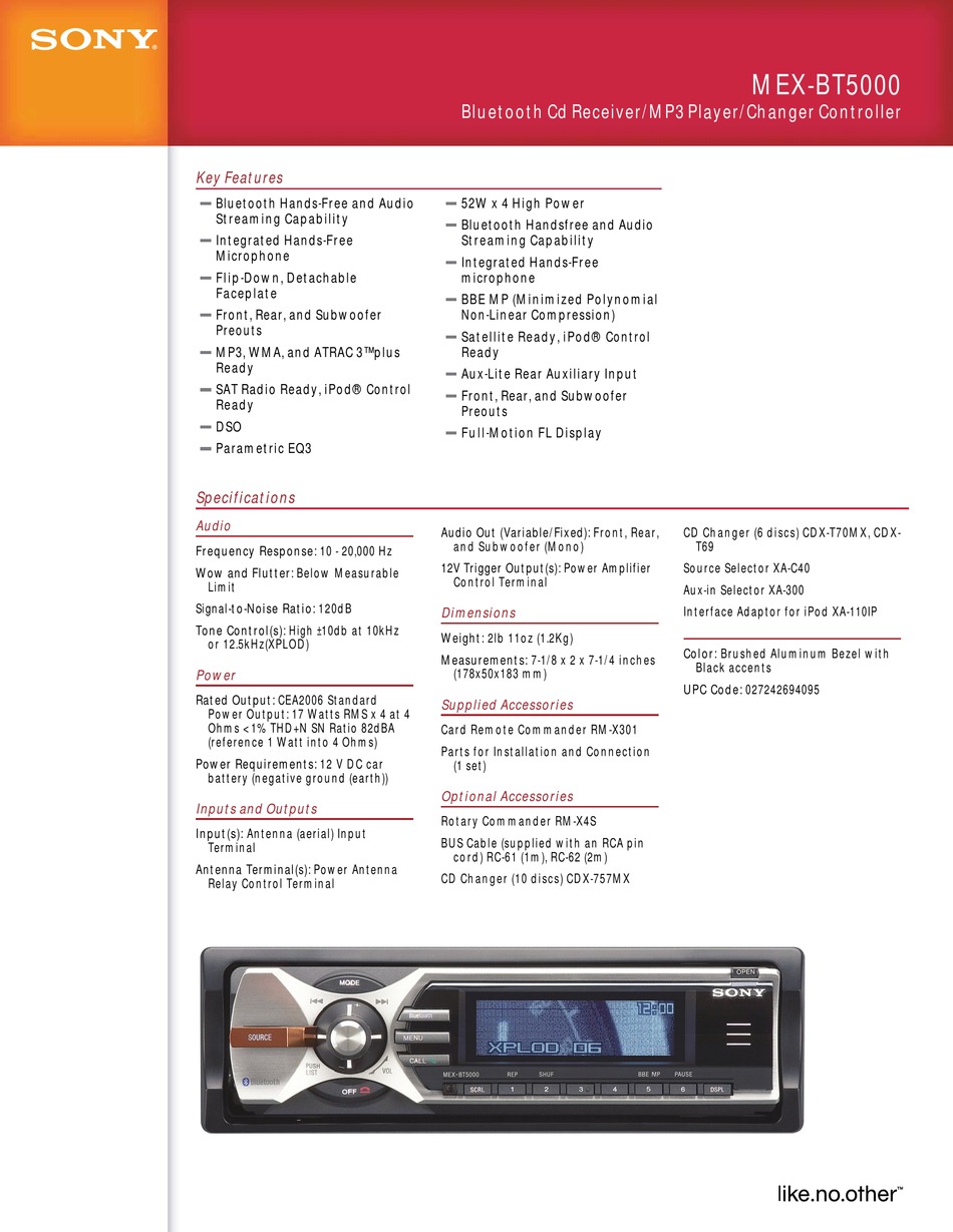 SONY MEXBT5000 SPECIFICATIONS Pdf Download ManualsLib