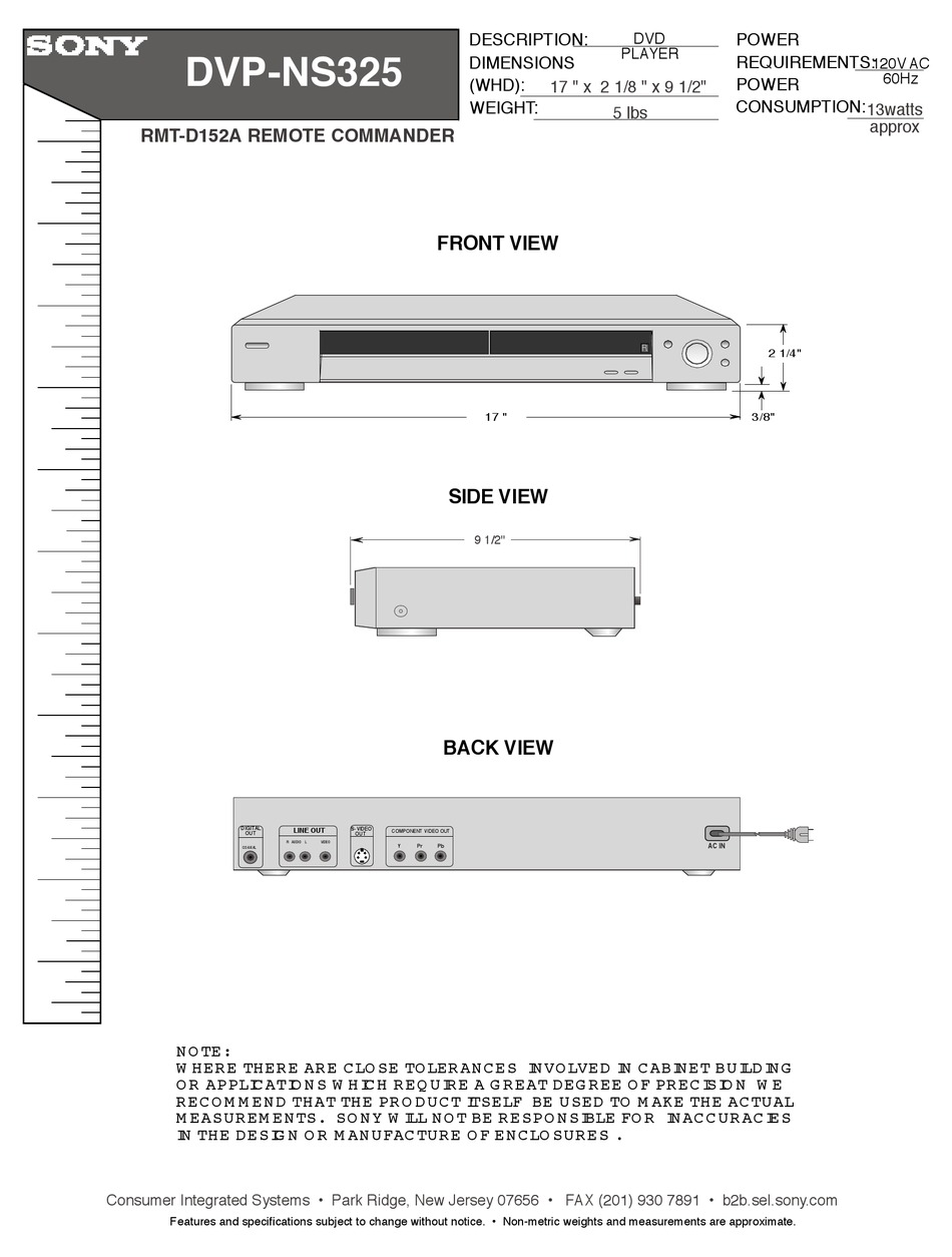 SONY DVP-NS325 SPECIFICATIONS Pdf Download | ManualsLib