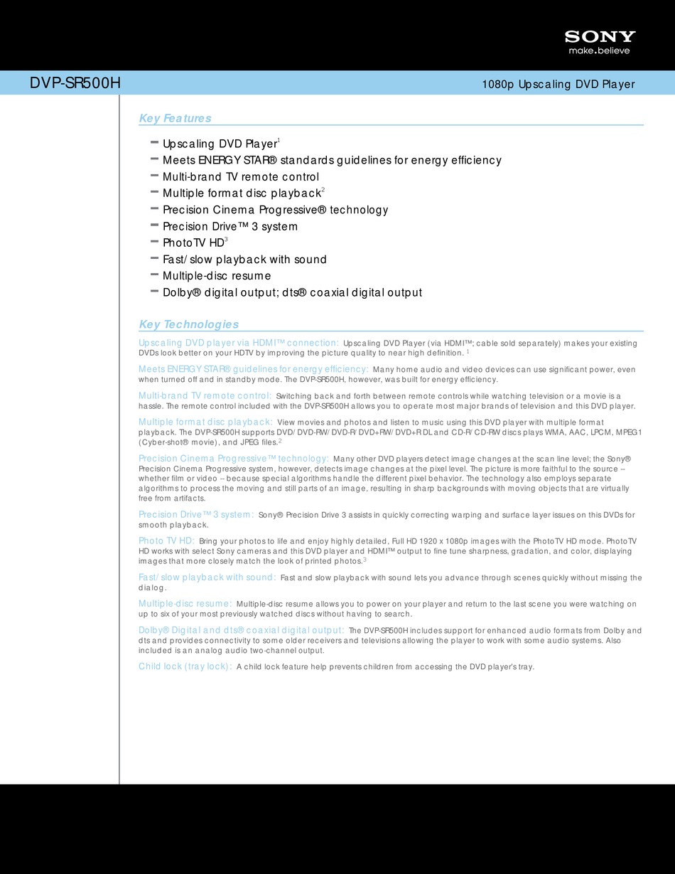 SONY DVPSR500H SPECIFICATIONS Pdf Download ManualsLib