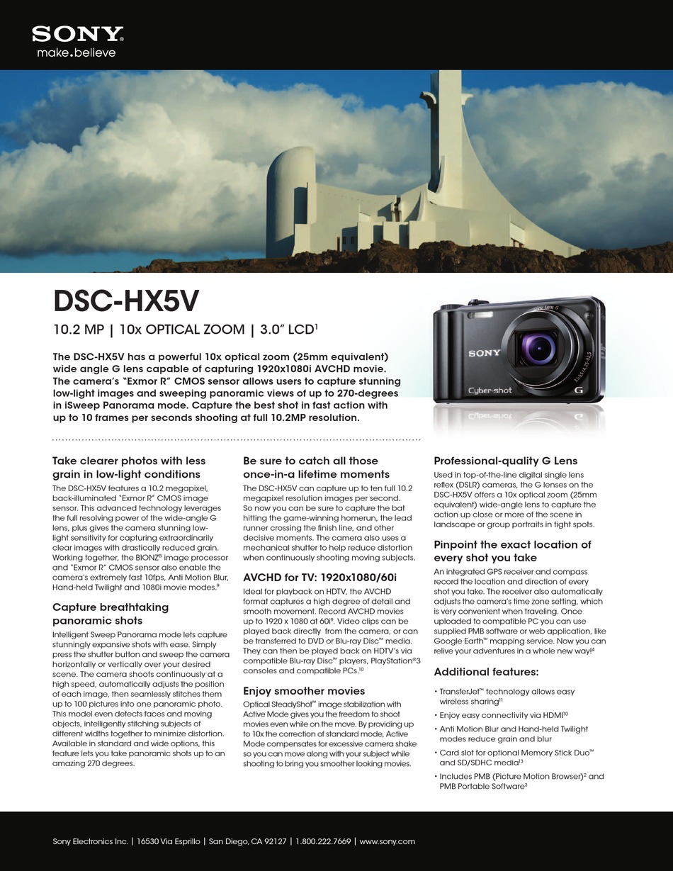 Sony Cyber-shot DSC-HX5V 10.2 MP CMOS 10x Wide-Angle Zoom Digital Camera  with Optical Steady Shot Image Stabilization and 3.0 Inch LCD
