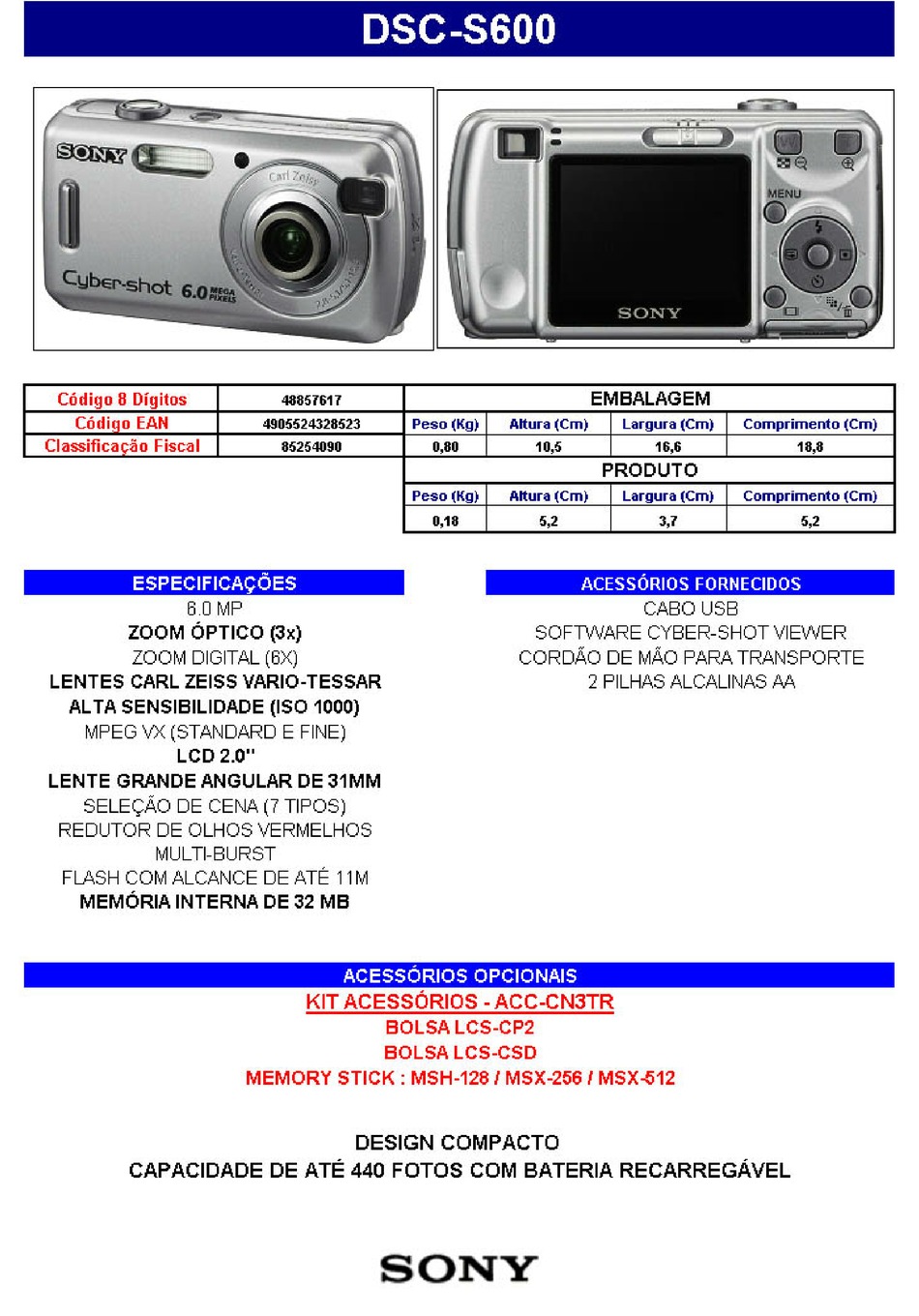 sony cyber shot dsc s600 digital camera
