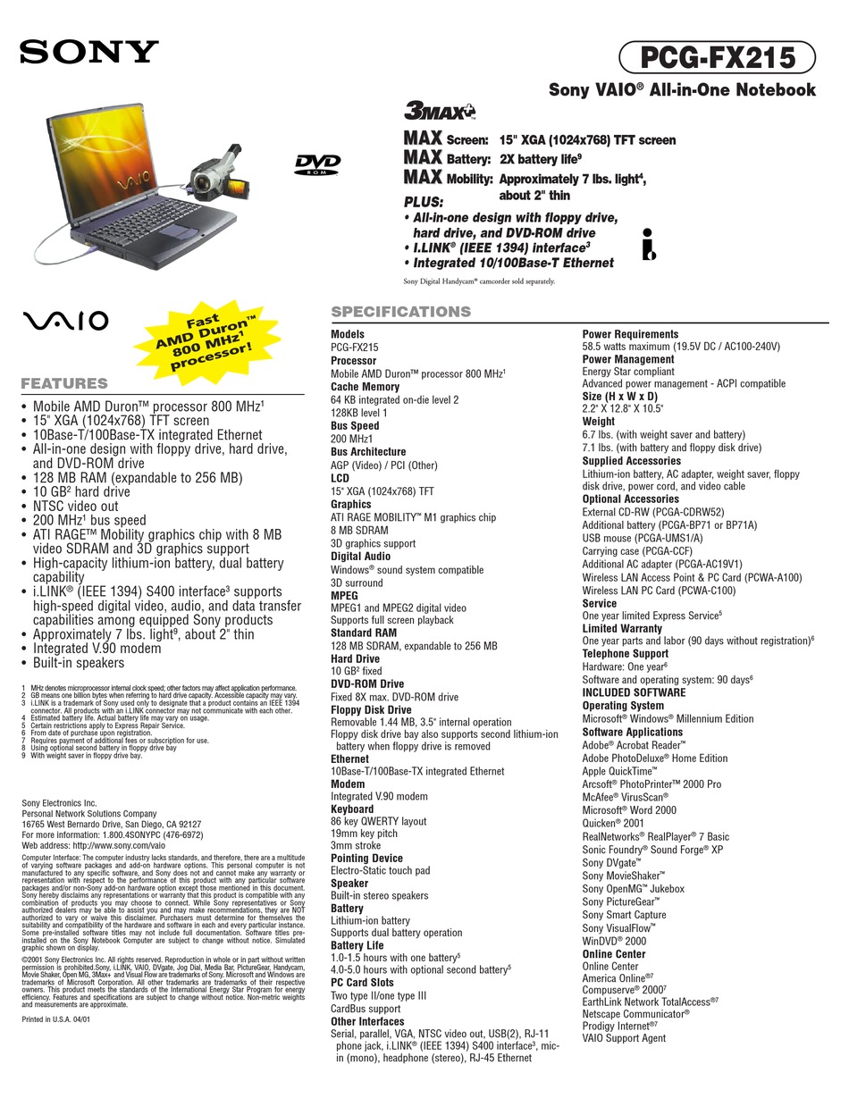 SONY VAIO PCGFX215 SPECIFICATIONS Pdf Download ManualsLib
