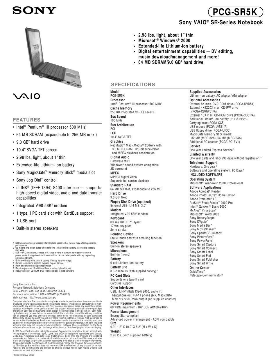 Sony Vaio Pcg Sr5k Specifications Pdf Download Manualslib