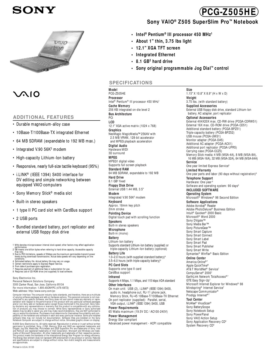 SONY VAIO PCG-Z505HE SPECIFICATIONS Pdf Download | ManualsLib