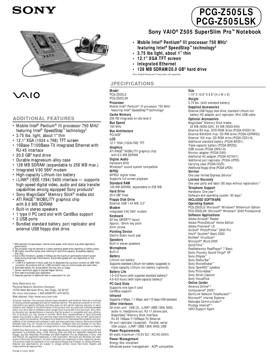 SONY VAIO PCGZ505LS SPECIFICATIONS Pdf Download ManualsLib