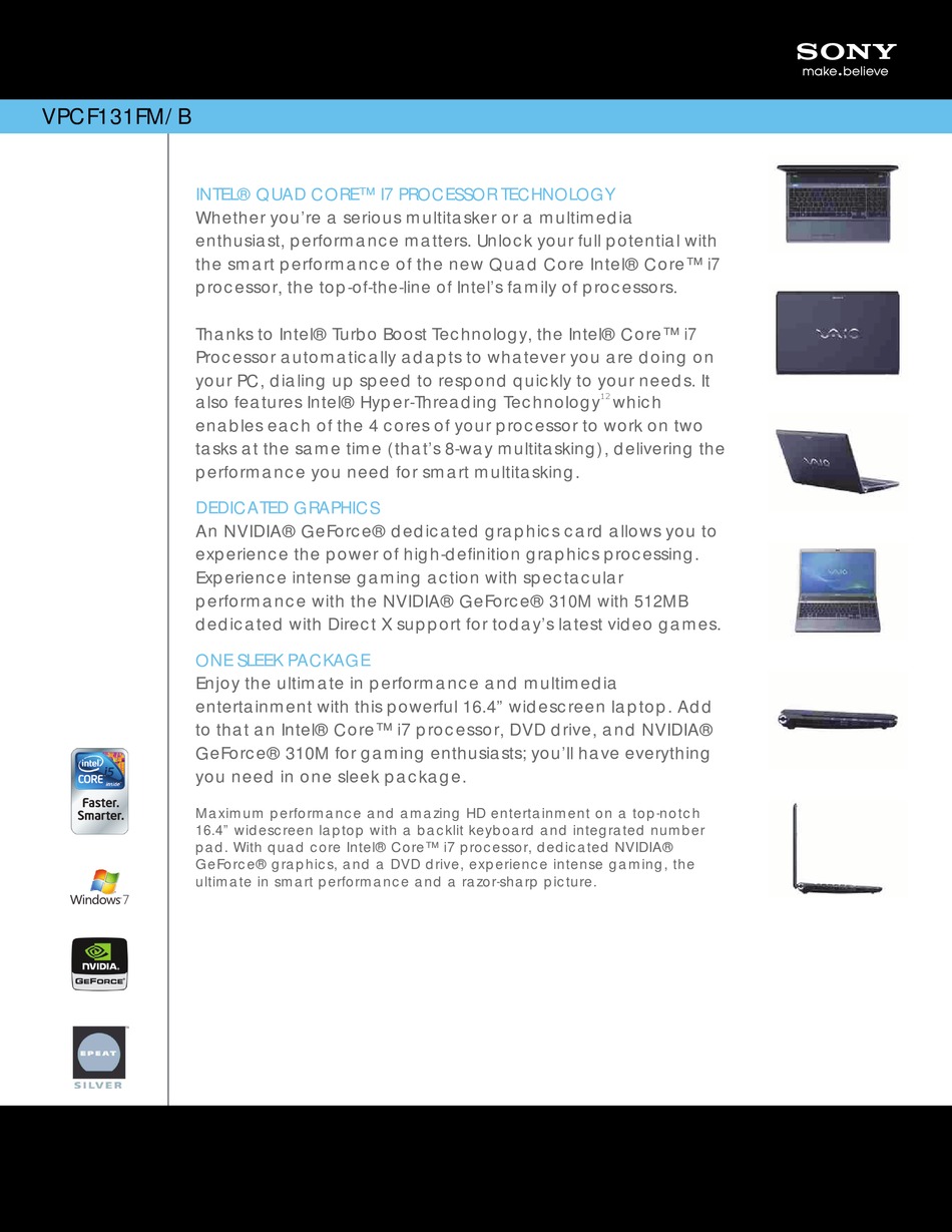 Sony Vaio Vpcf131fm Specifications Pdf Download Manualslib