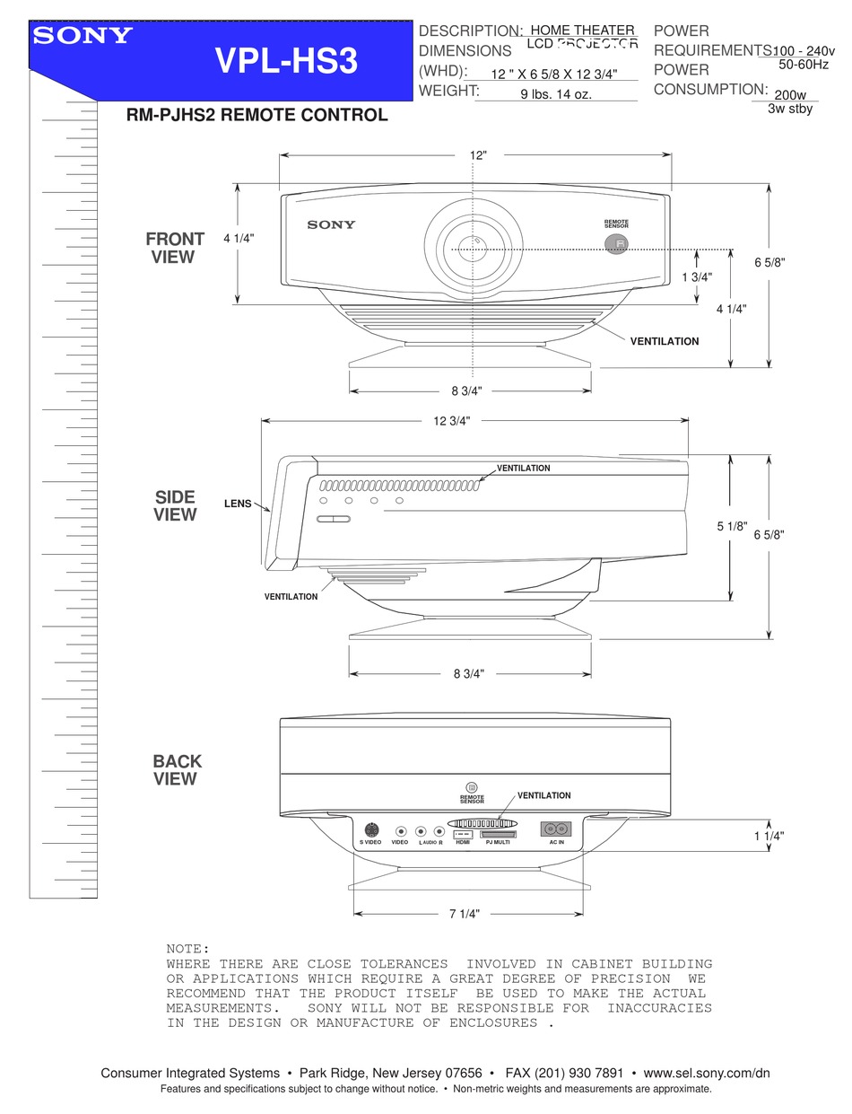 SONY VPLHS3 DIMENSIONS Pdf Download ManualsLib