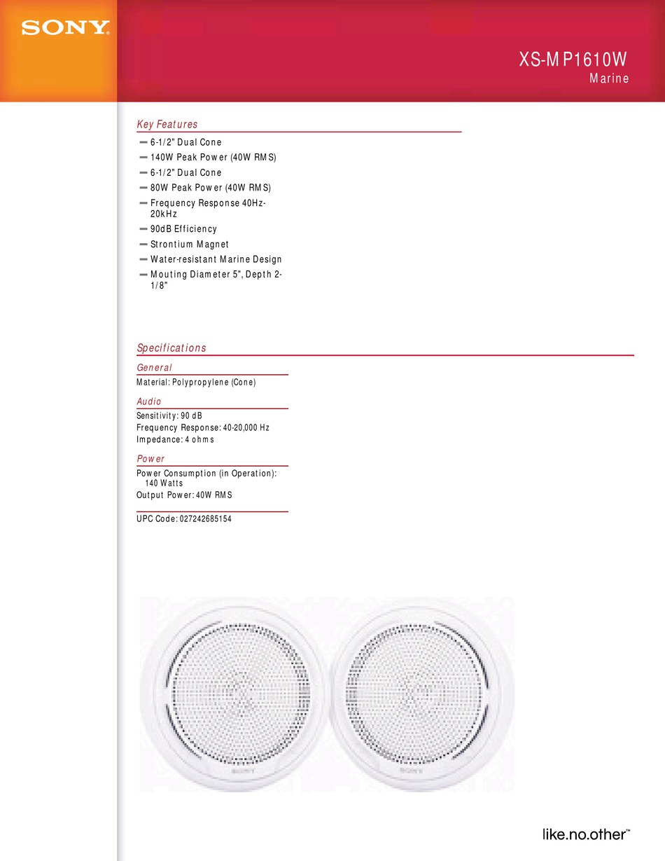 SONY XSMP1610W SPECIFICATIONS Pdf Download ManualsLib