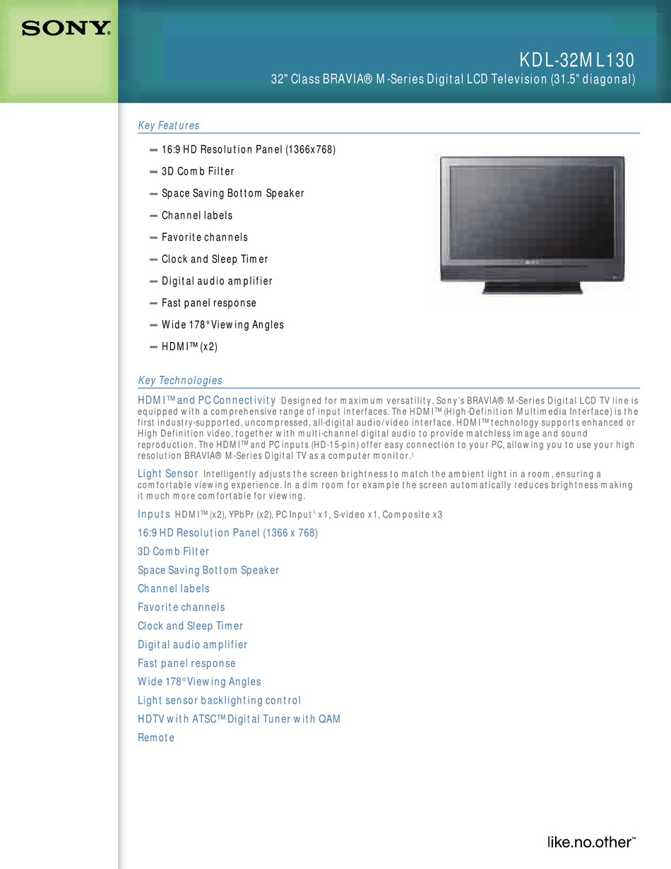 SONY BRAVIA KDL-32ML130 SPECIFICATIONS Pdf Download | ManualsLib