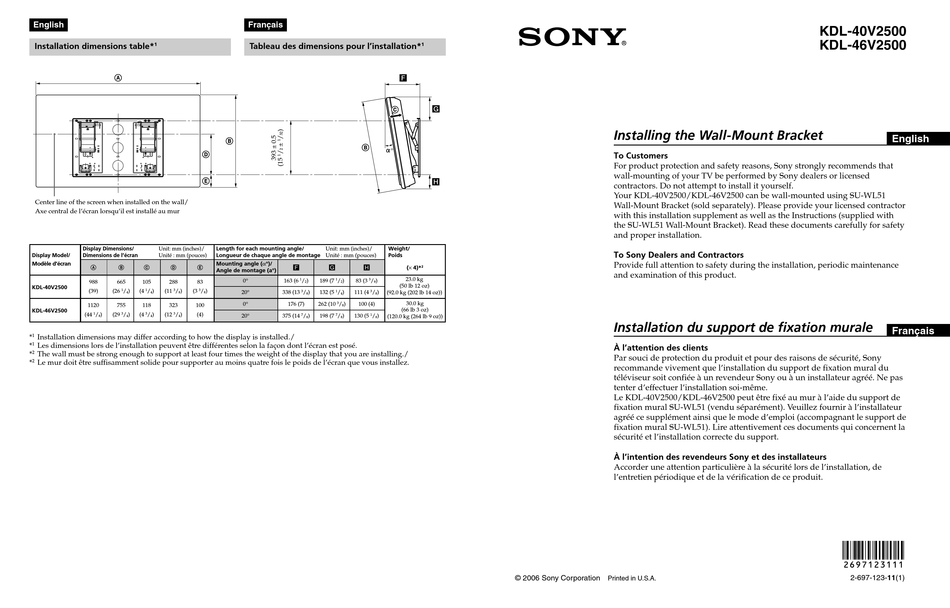 SONY BRAVIA KDL40V2500 INSTALL MANUAL Pdf Download ManualsLib