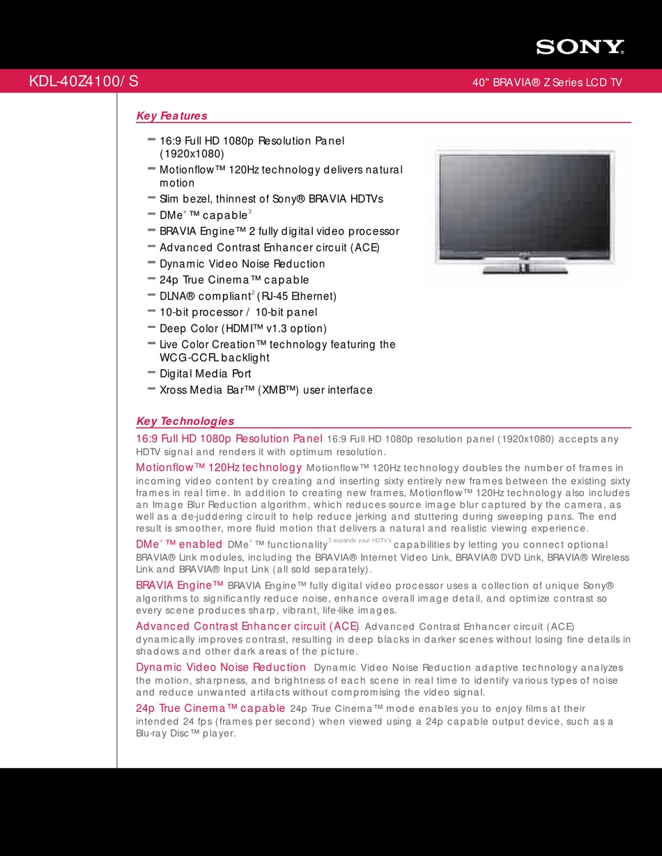 SONY BRAVIA KDL-40Z4100 SPECIFICATIONS Pdf Download | ManualsLib