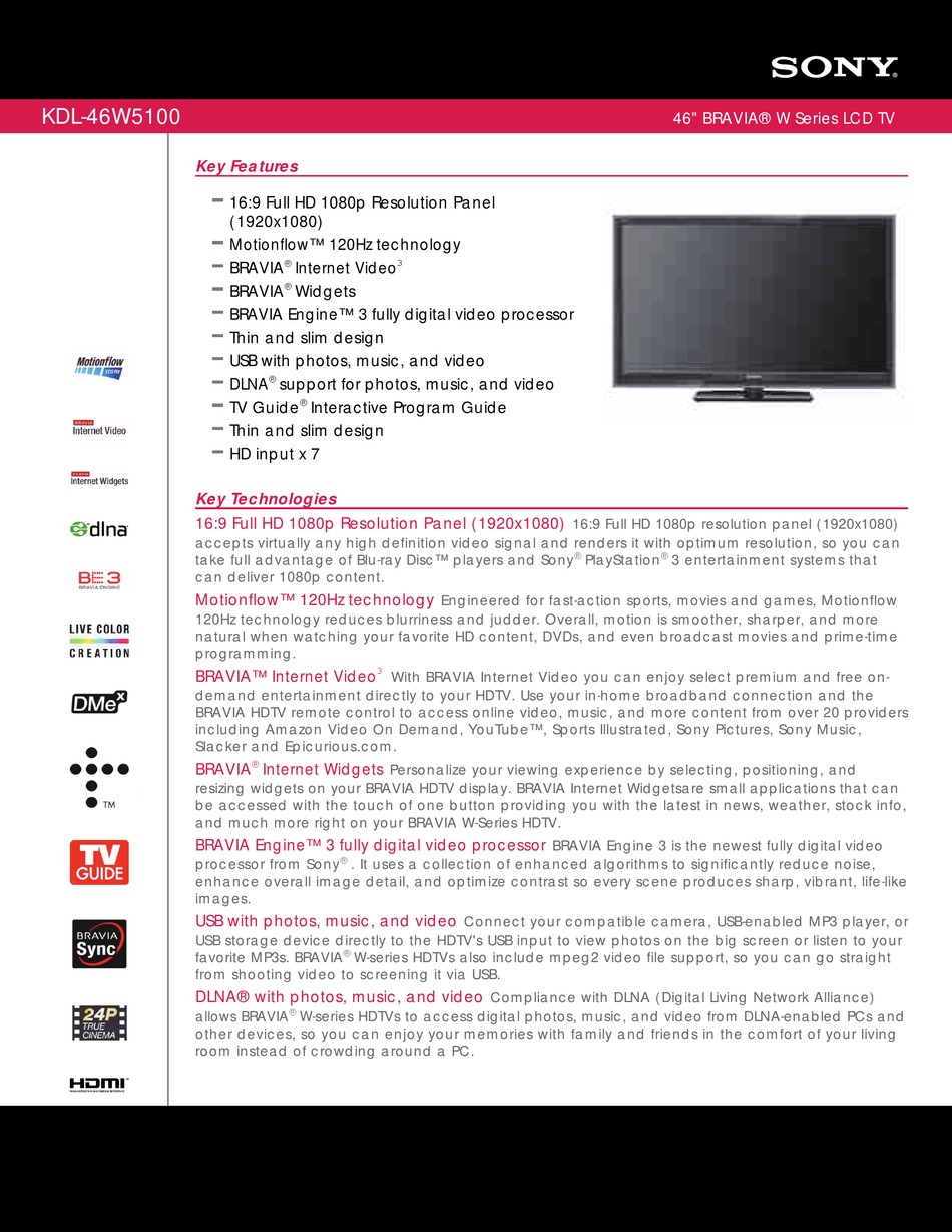 SONY BRAVIA KDL-46W5100 SPECIFICATIONS Pdf Download | ManualsLib