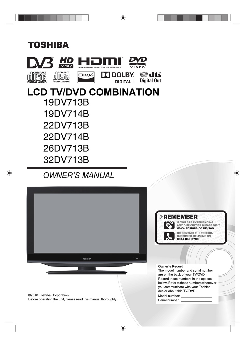 TOSHIBA 19DV713B OWNER'S MANUAL Pdf Download | ManualsLib