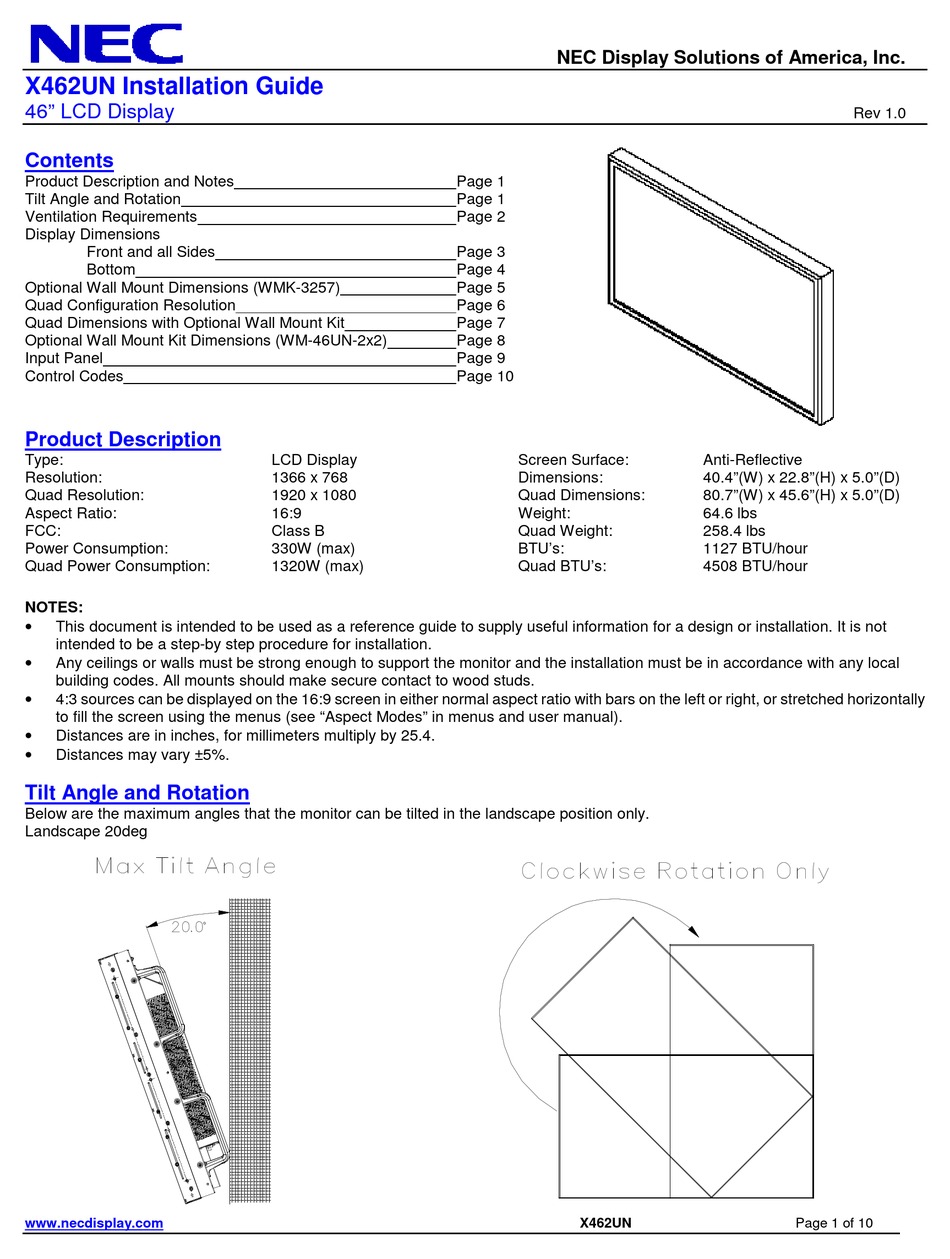 NEC X462UN INSTALLATION MANUAL Pdf 
