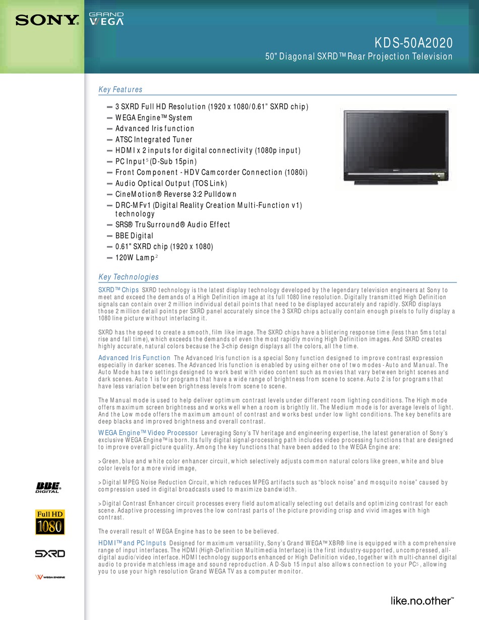 SONY GRAND WEGA KDS50A2020 SPECIFICATIONS Pdf Download ManualsLib