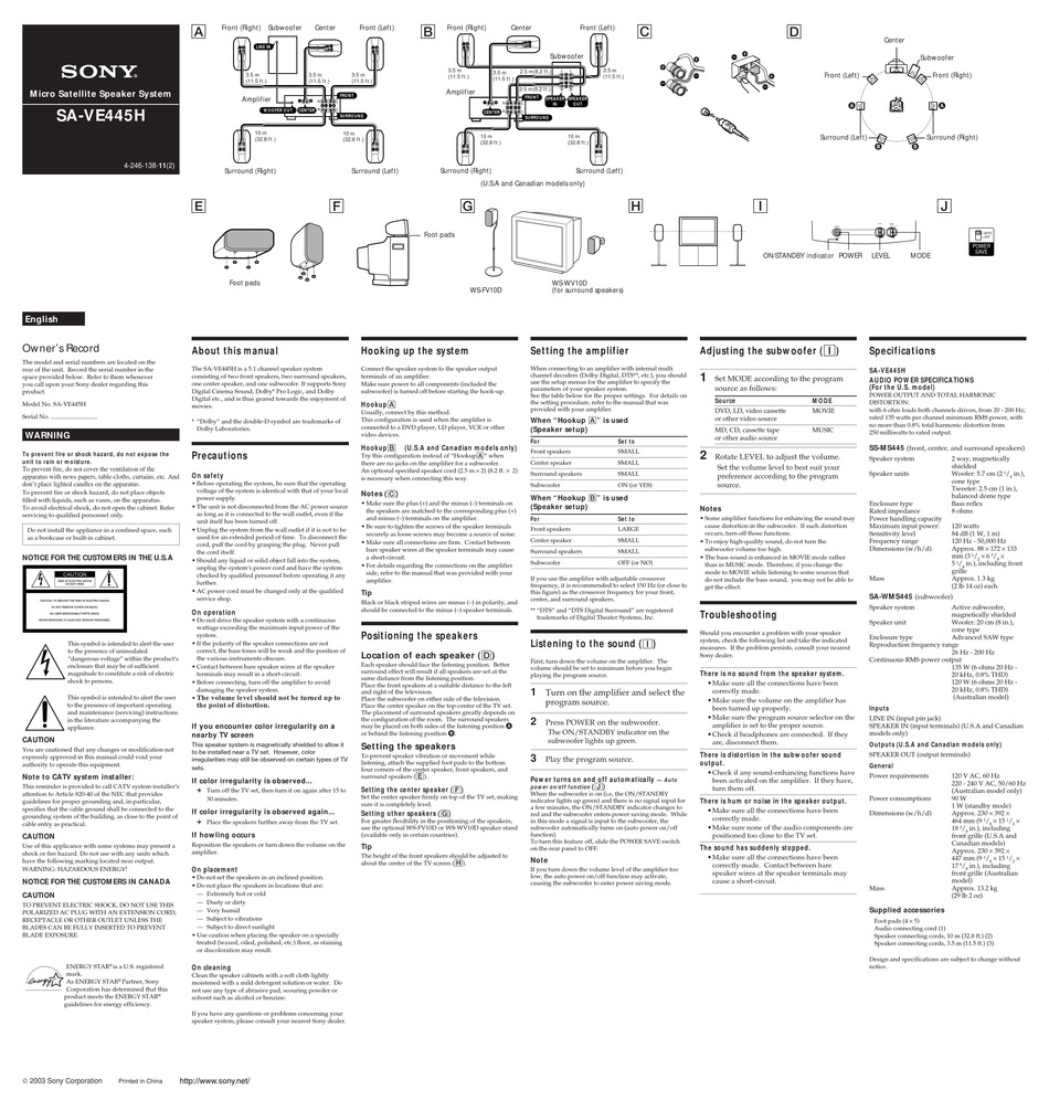 SONY SA-VE445H USER MANUAL Pdf Download | ManualsLib