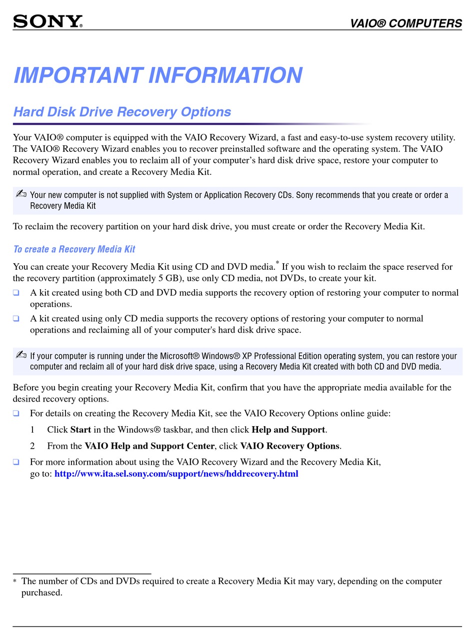 sony vaio recovery disk new hard drive