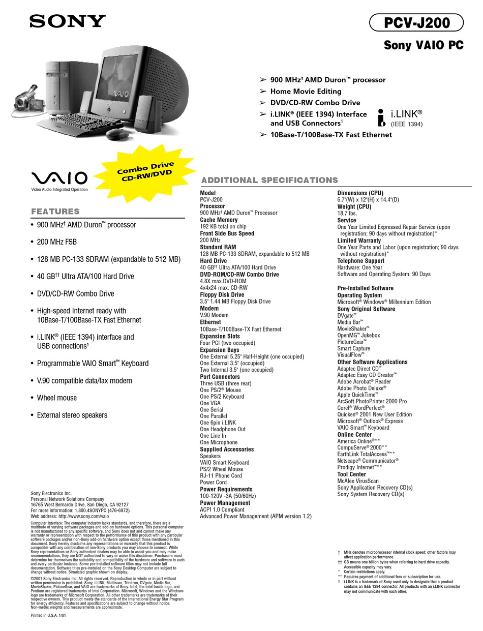 SONY VAIO PCVJ200 SPECIFICATIONS Pdf Download ManualsLib