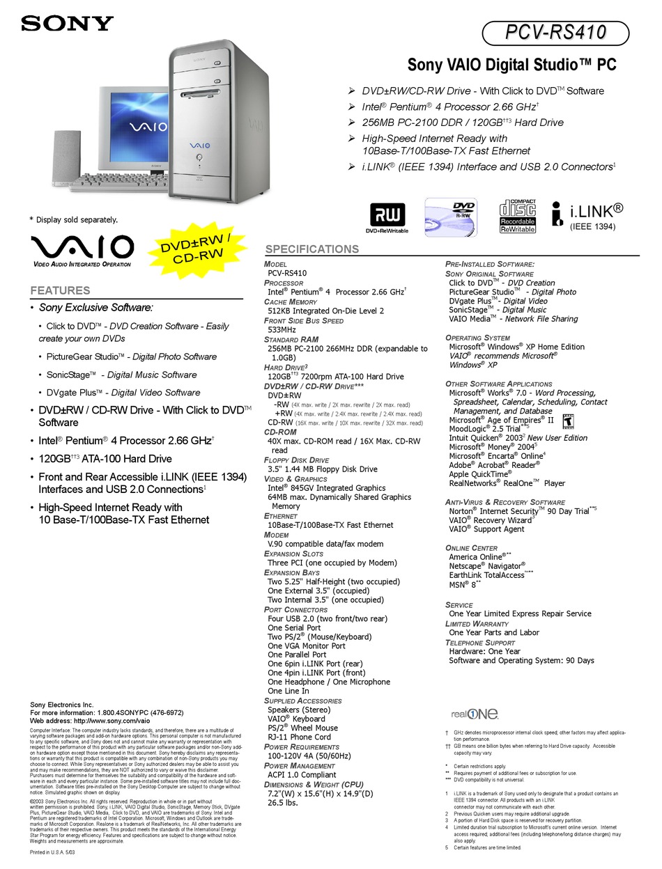 SONY VAIO DIGITAL STUDIO PCVRS410 SPECIFICATIONS Pdf Download ManualsLib