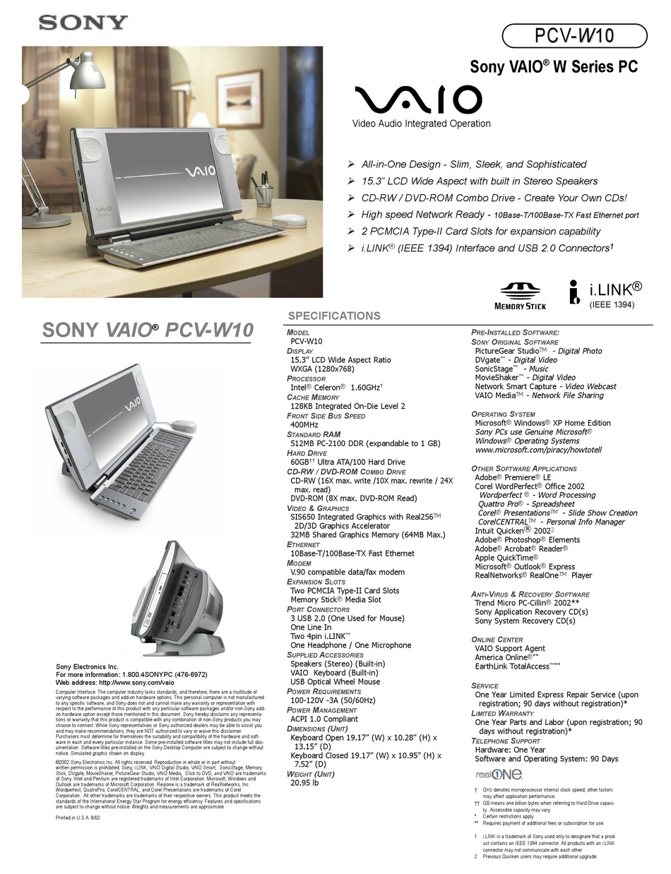 SONY VAIO PCVW10 SPECIFICATIONS Pdf Download ManualsLib