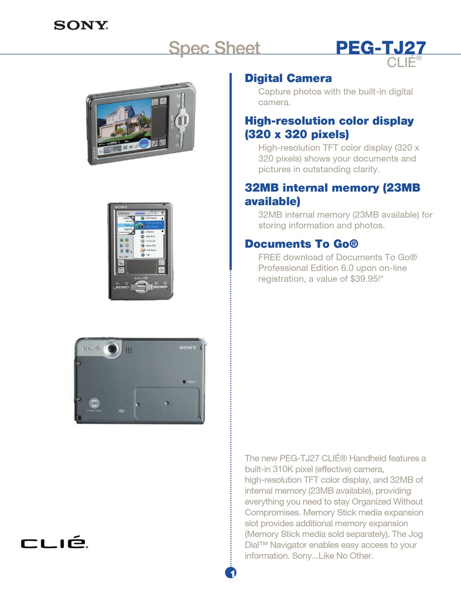 SONY CLIE PEG TJ27 SPEC SHEET Pdf Download ManualsLib SONY CLIE PEG TJ27 SPEC SHEET Pdf Download ManualsLib