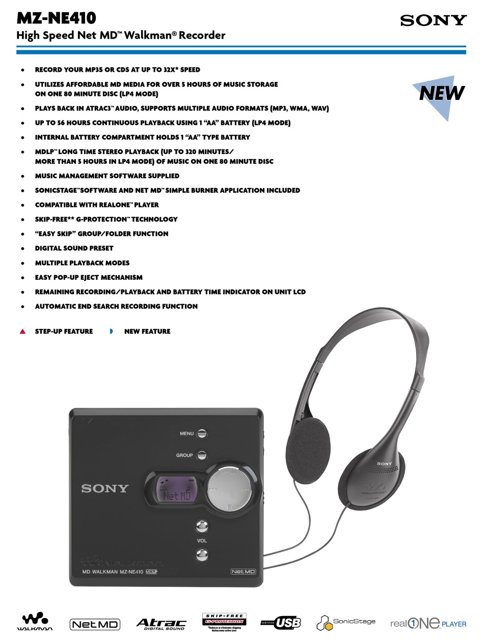 SONY MZNE410 SPECIFICATION SHEET Pdf Download ManualsLib