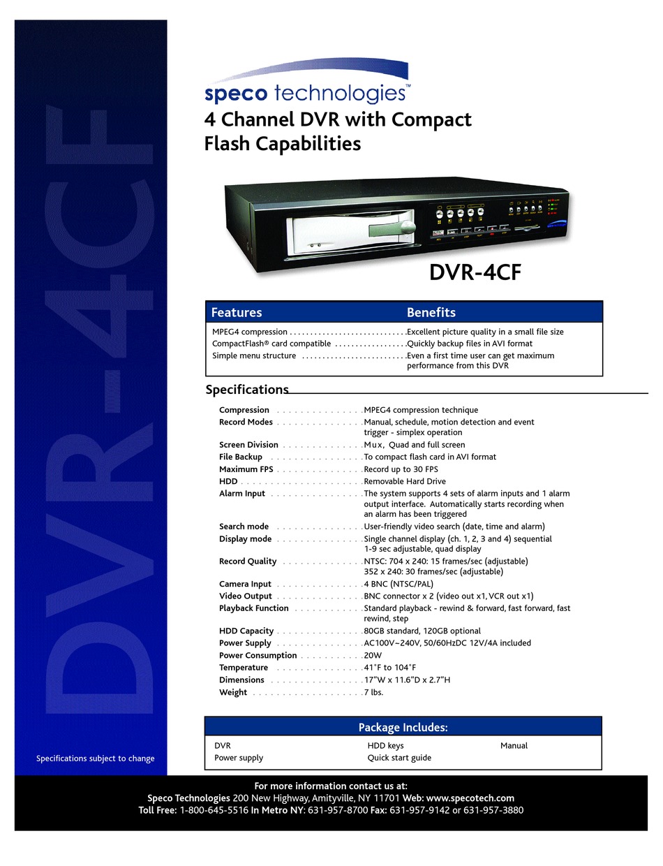 SPECO DVR4CF SPECIFICATIONS Pdf Download ManualsLib