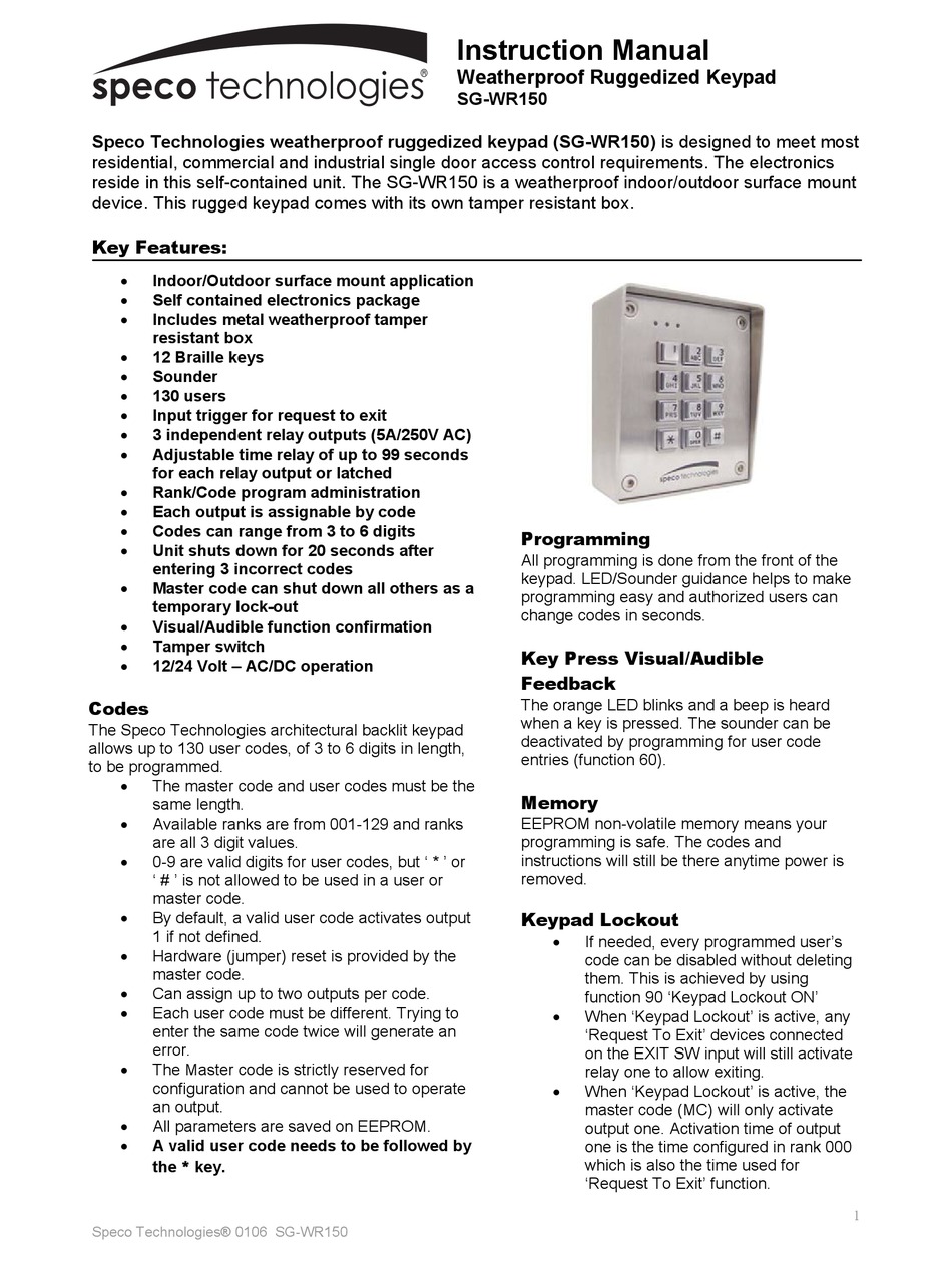 SPECO SGWR150 INSTRUCTION MANUAL Pdf Download ManualsLib