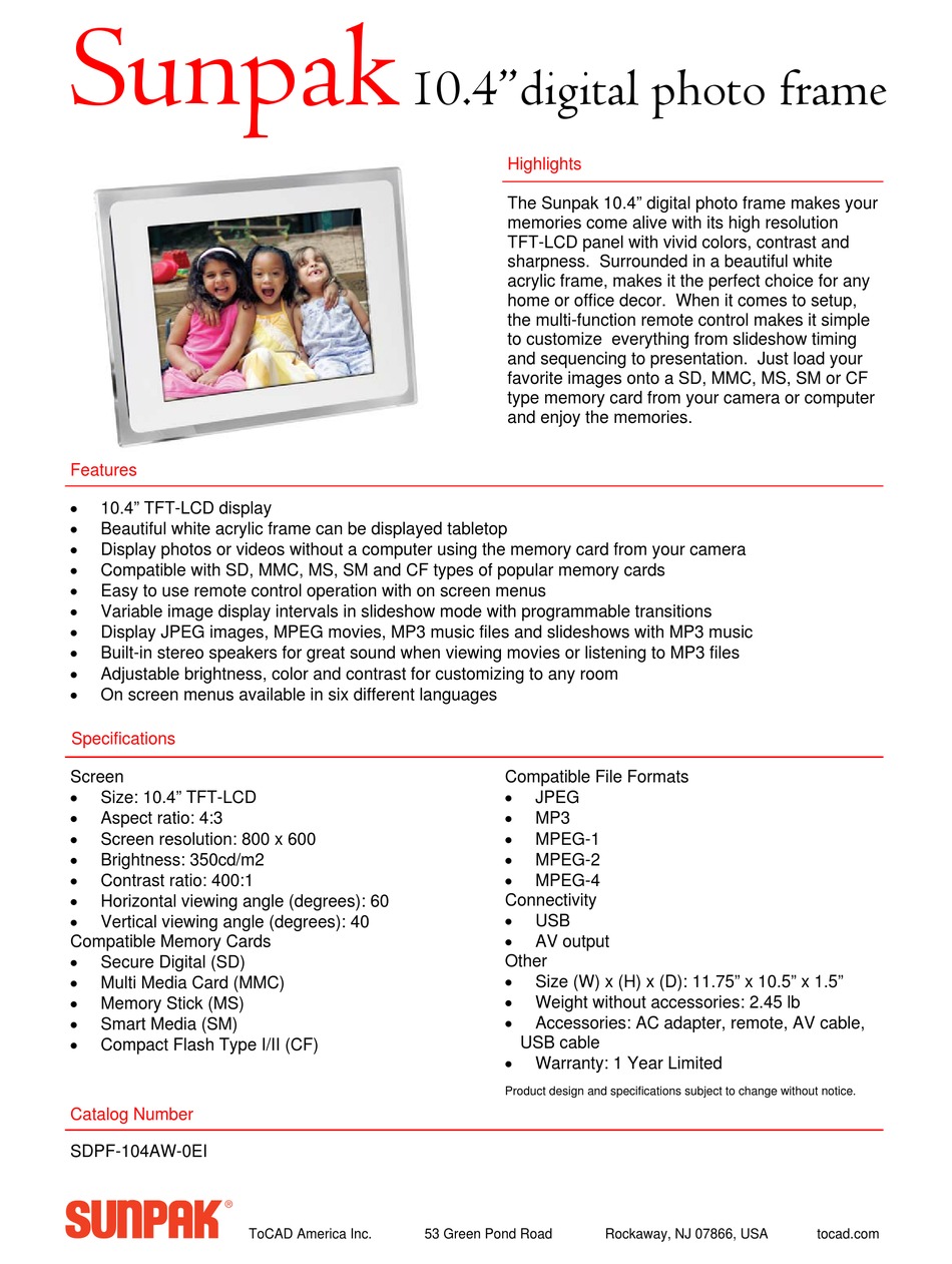 SUNPAK SDPF104 SPECIFICATIONS Pdf Download ManualsLib
