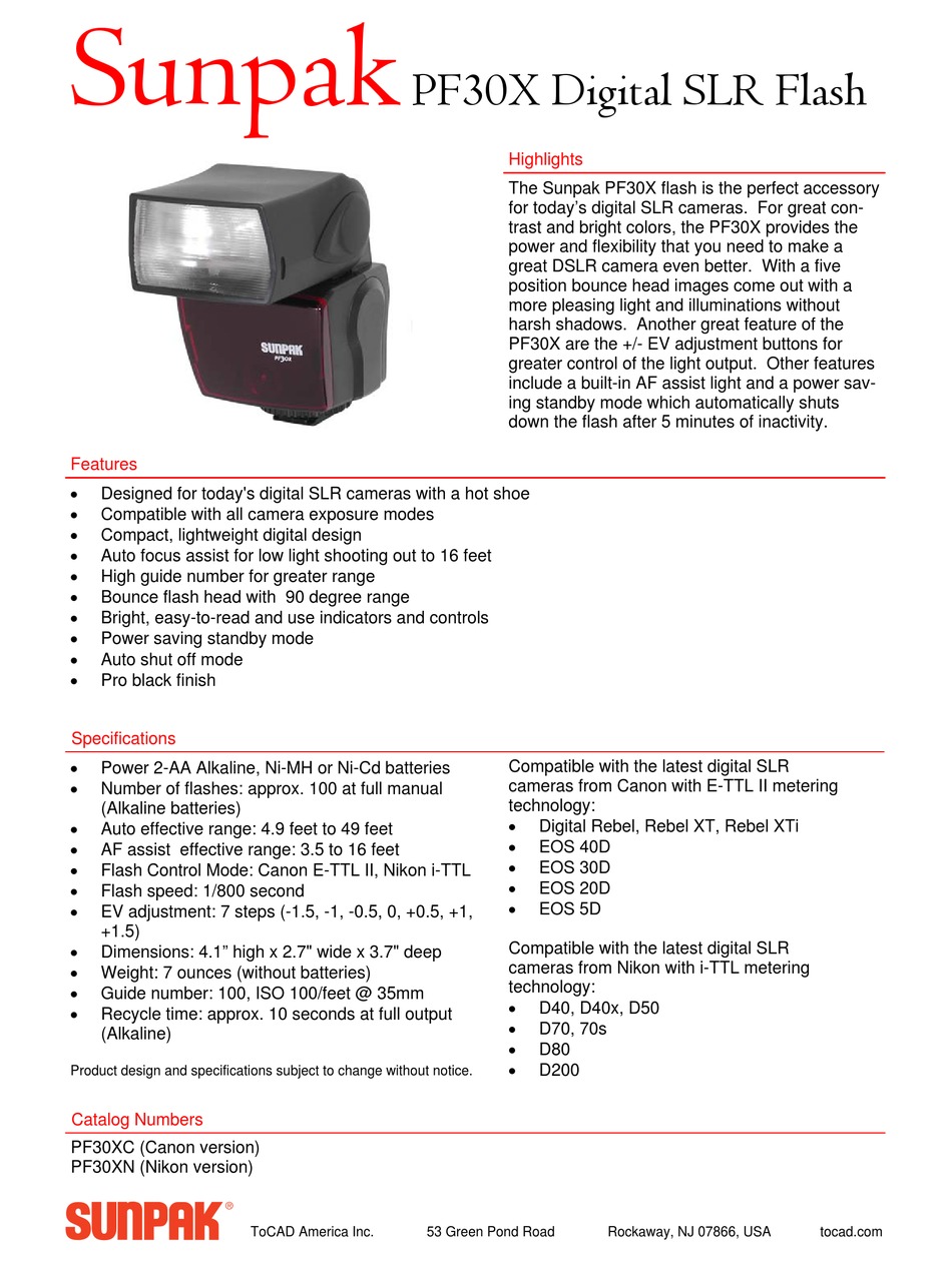 Sunpak Pf30x Specifications Pdf Download Manualslib