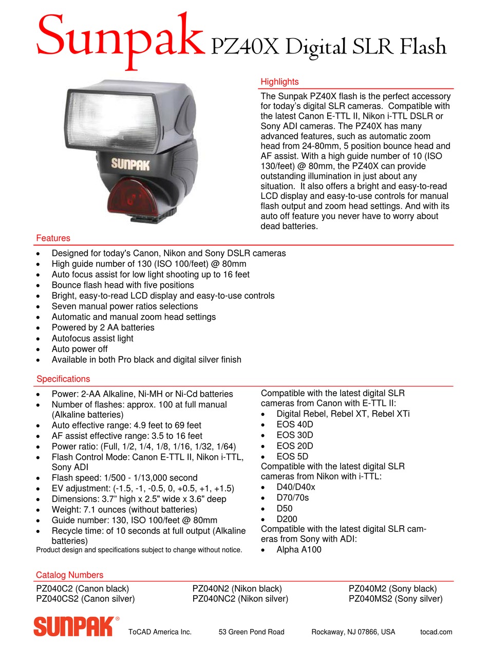 SUNPAK PZ40X SPECIFICATIONS Pdf Download ManualsLib