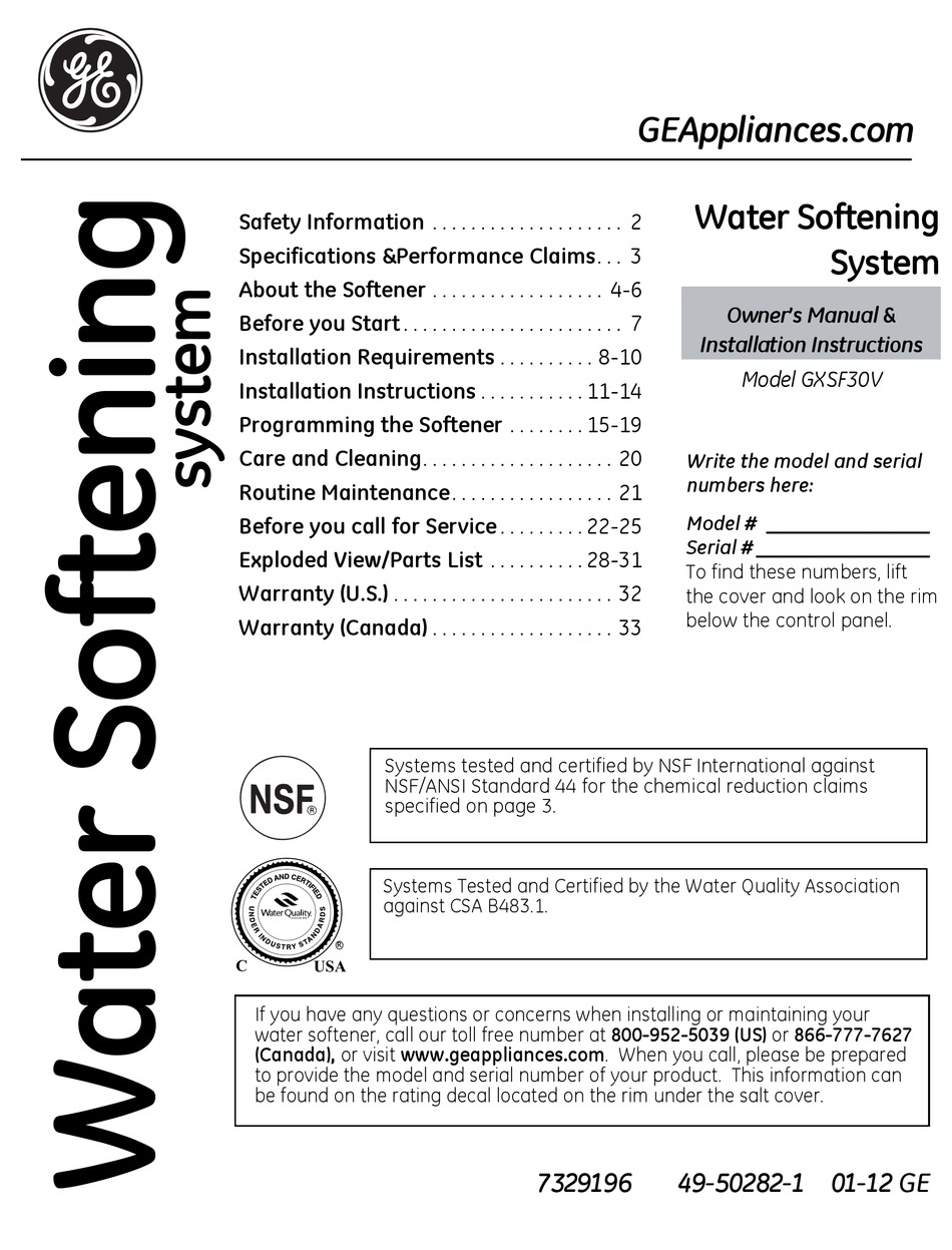 GE GXSF30V OWNER'S MANUAL & INSTALLATION INSTRUCTIONS Pdf Download