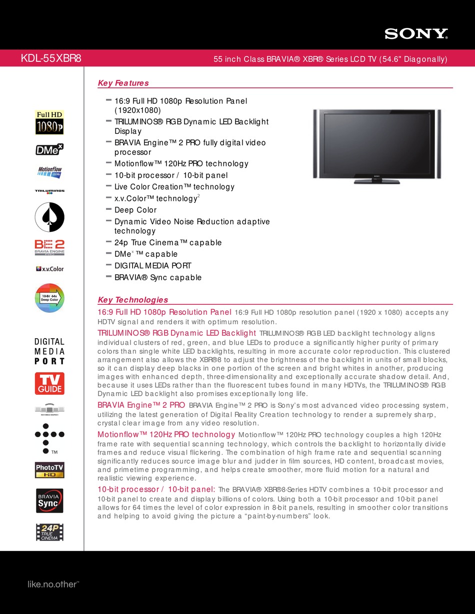 SONY BRAVIA KDL-55XBR8 SPECIFICATIONS Pdf Download | ManualsLib