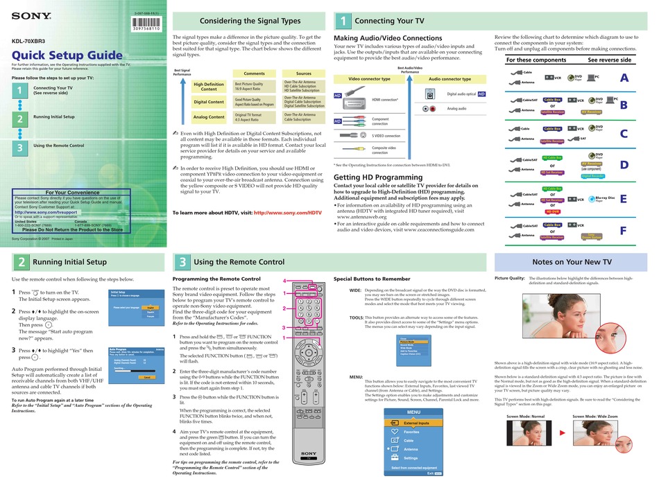 SONY BRAVIA KDL70XBR3 QUICK SETUP MANUAL Pdf Download ManualsLib