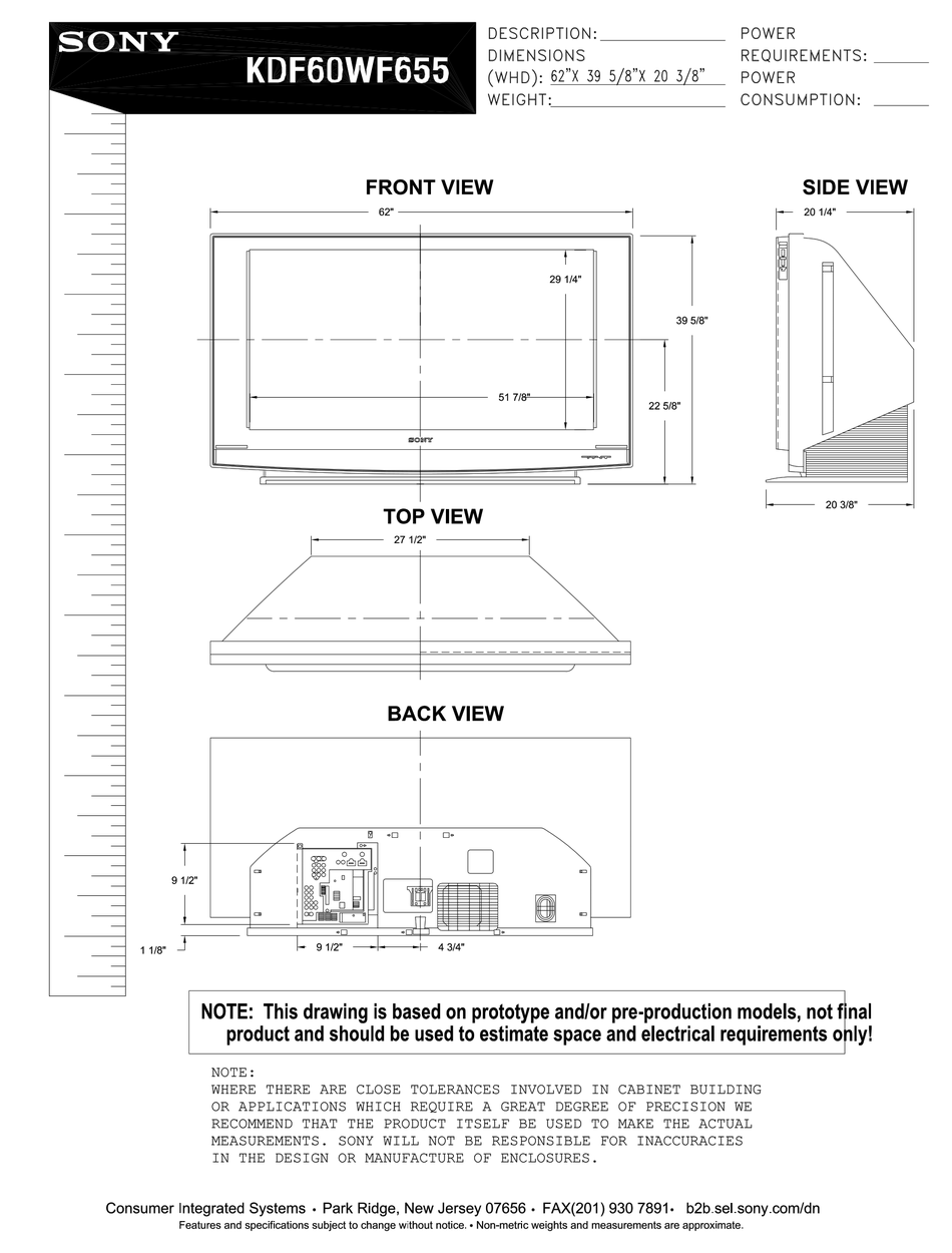 Sony Grandwega Kdf 60wf655 Specifications Pdf Download Manualslib
