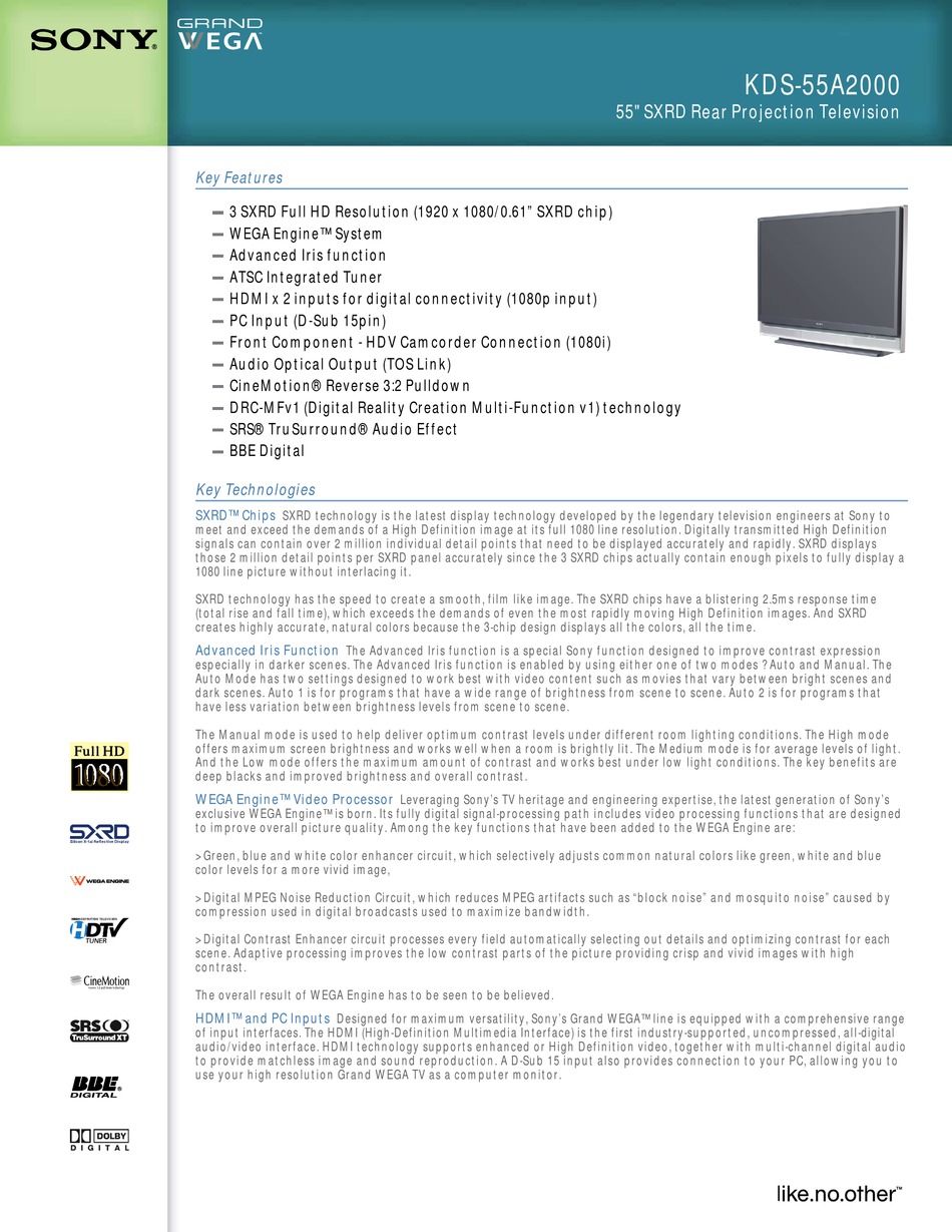 SONY WEGA GRAND KDS-55A2000 SPECIFICATIONS Pdf Download | ManualsLib