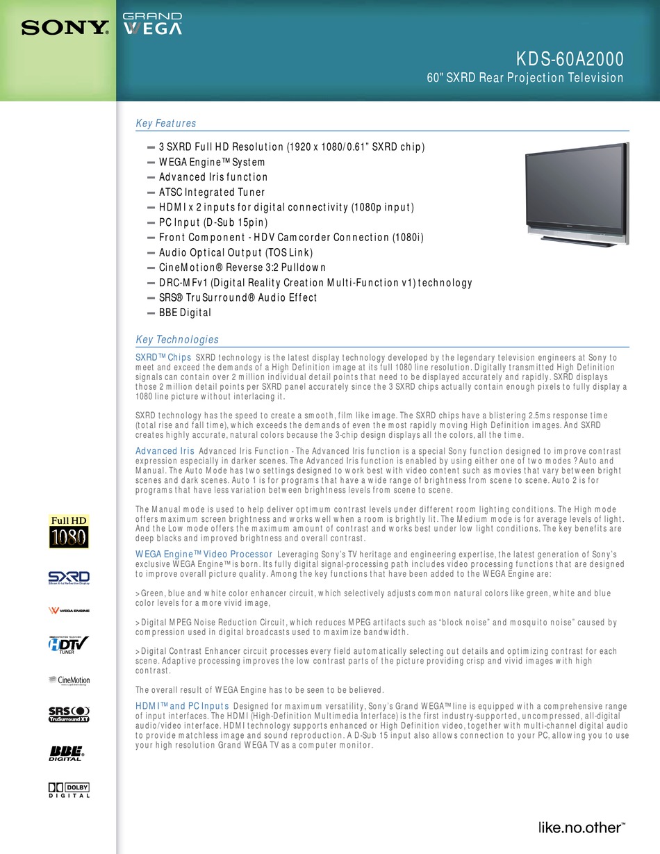 SONY WEGA KDS-60A2000 SPECIFICATIONS Pdf Download | ManualsLib