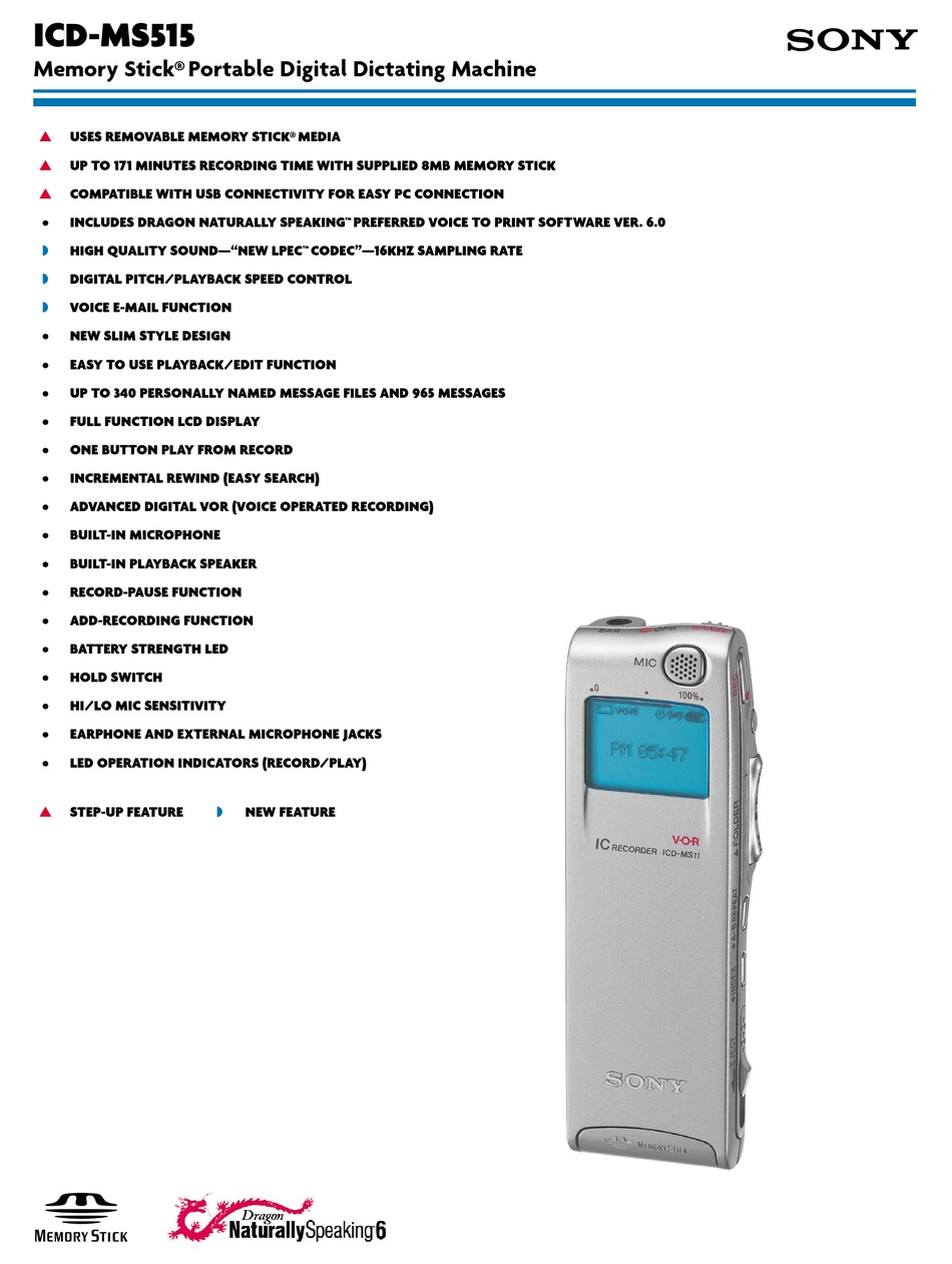 SONY MEMORY STICK ICD-MS515 SPECIFICATIONS Pdf Download