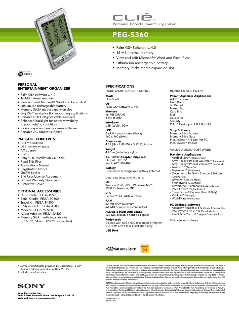 SONY CLIE PEGS360 SPECIFICATIONS Pdf Download