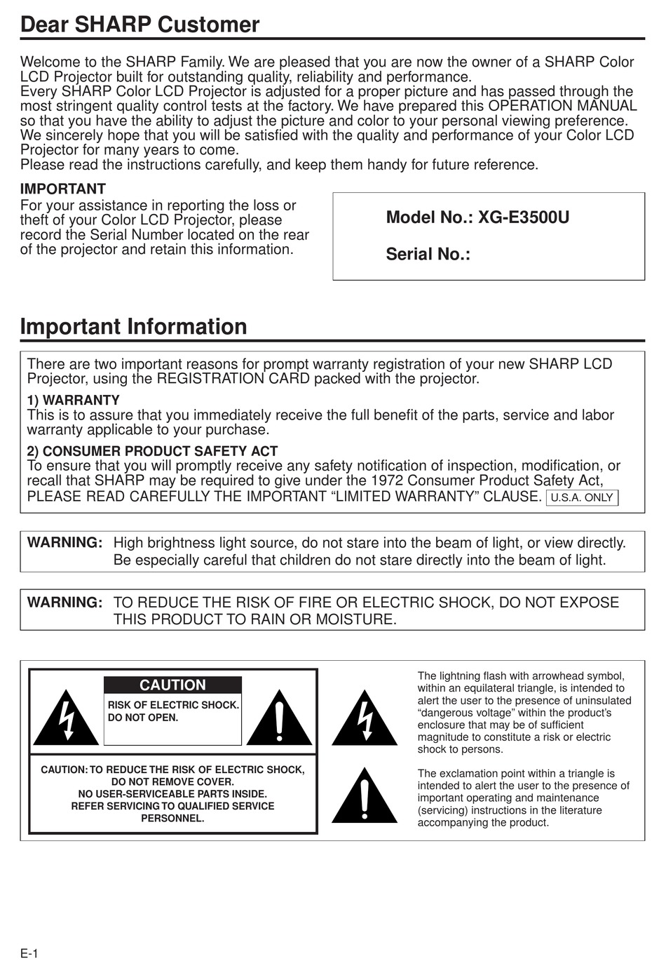 Sharp Xg 500u Operation Manual Pdf Download Manualslib